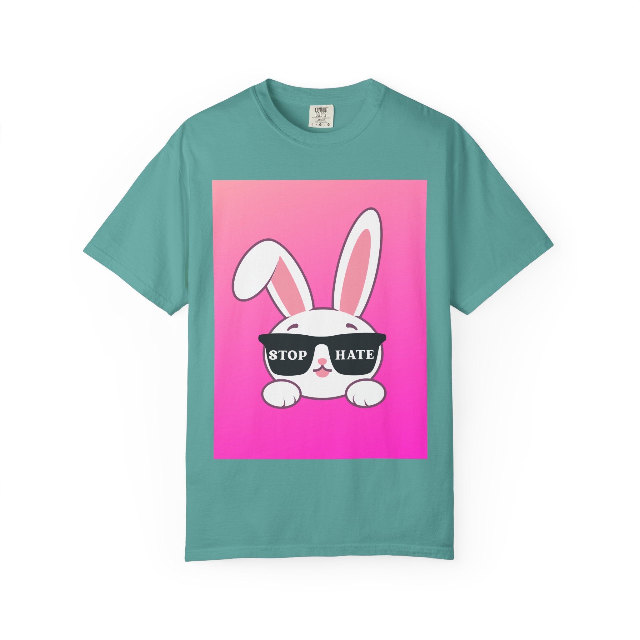 Stop Hate Bunny T‑Shirt — Pink Gradient Anti‑Hate Tee