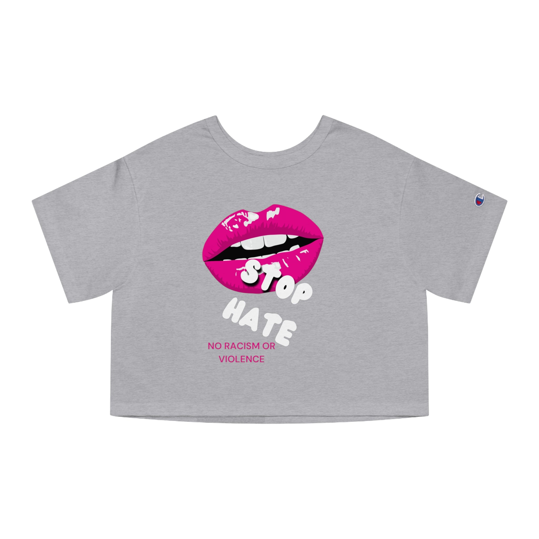 Cropped Graphic Tee — Pink Lips "No Racism or Violence" Statement Shirt