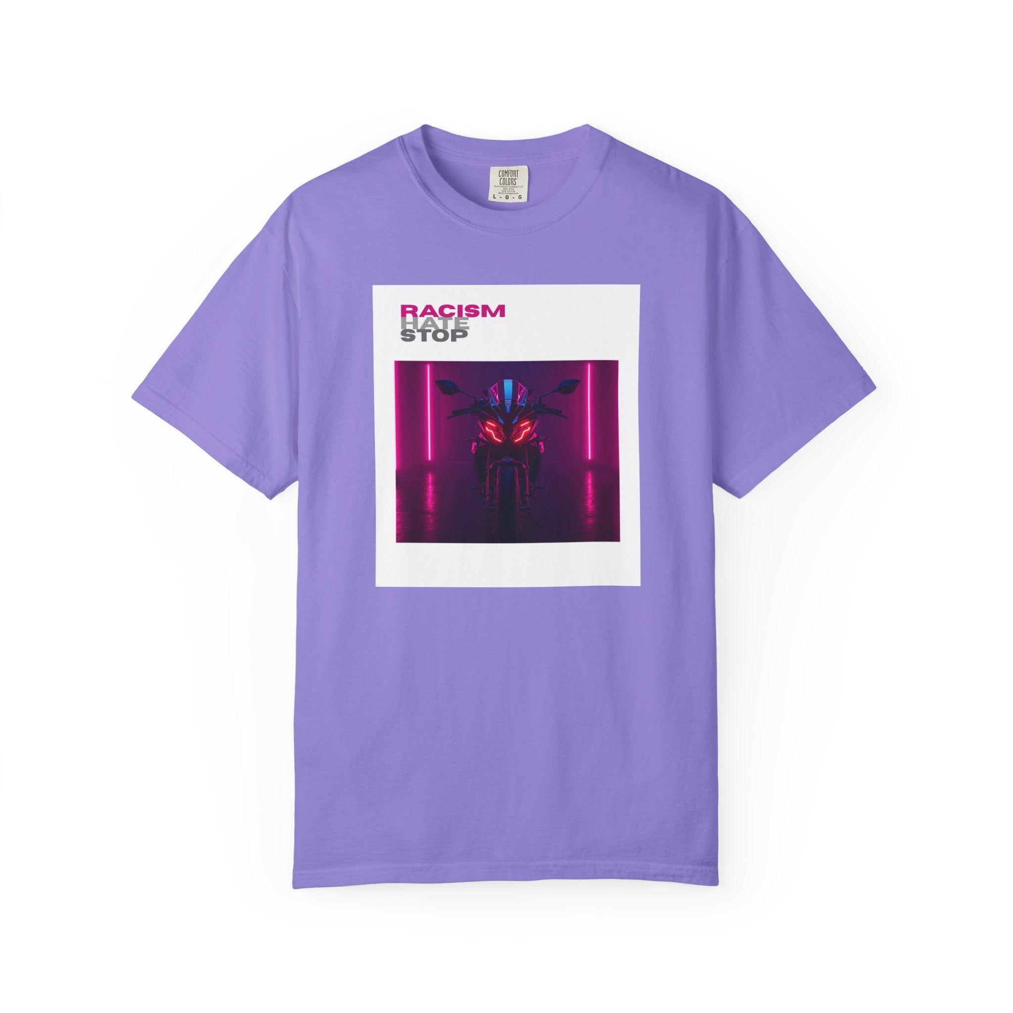 Anti-Racism Graphic T-Shirt — “Racism Stop” Neon Robot Design