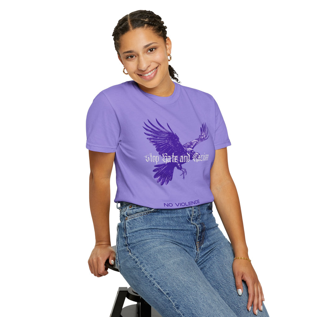 No Violence Raven T-Shirt — Purple Flying Crow Graphic Tee