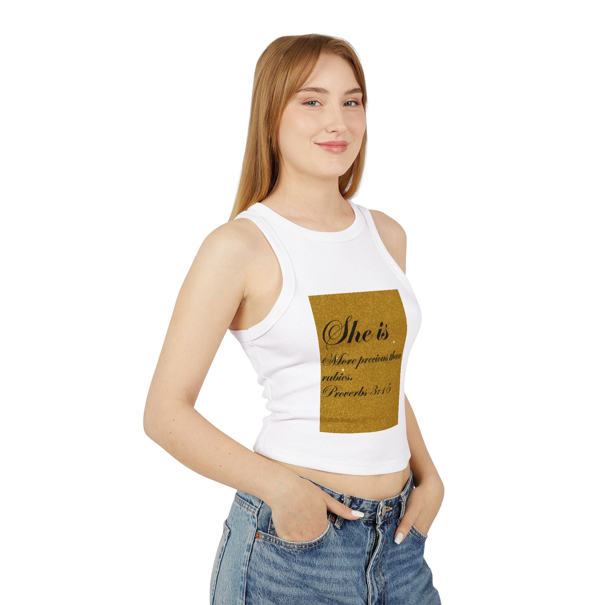 Women's Racer Tank Top — "She is More Precious than Rubies" Proverbs 3:15 Scripture Tank