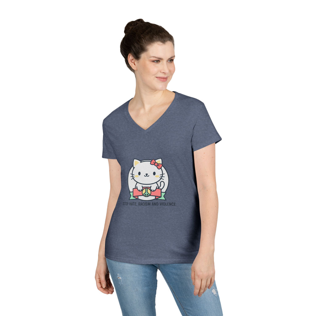 Stop Hate Kitty V-Neck Tee — Cute Anti-Racism Message Shirt