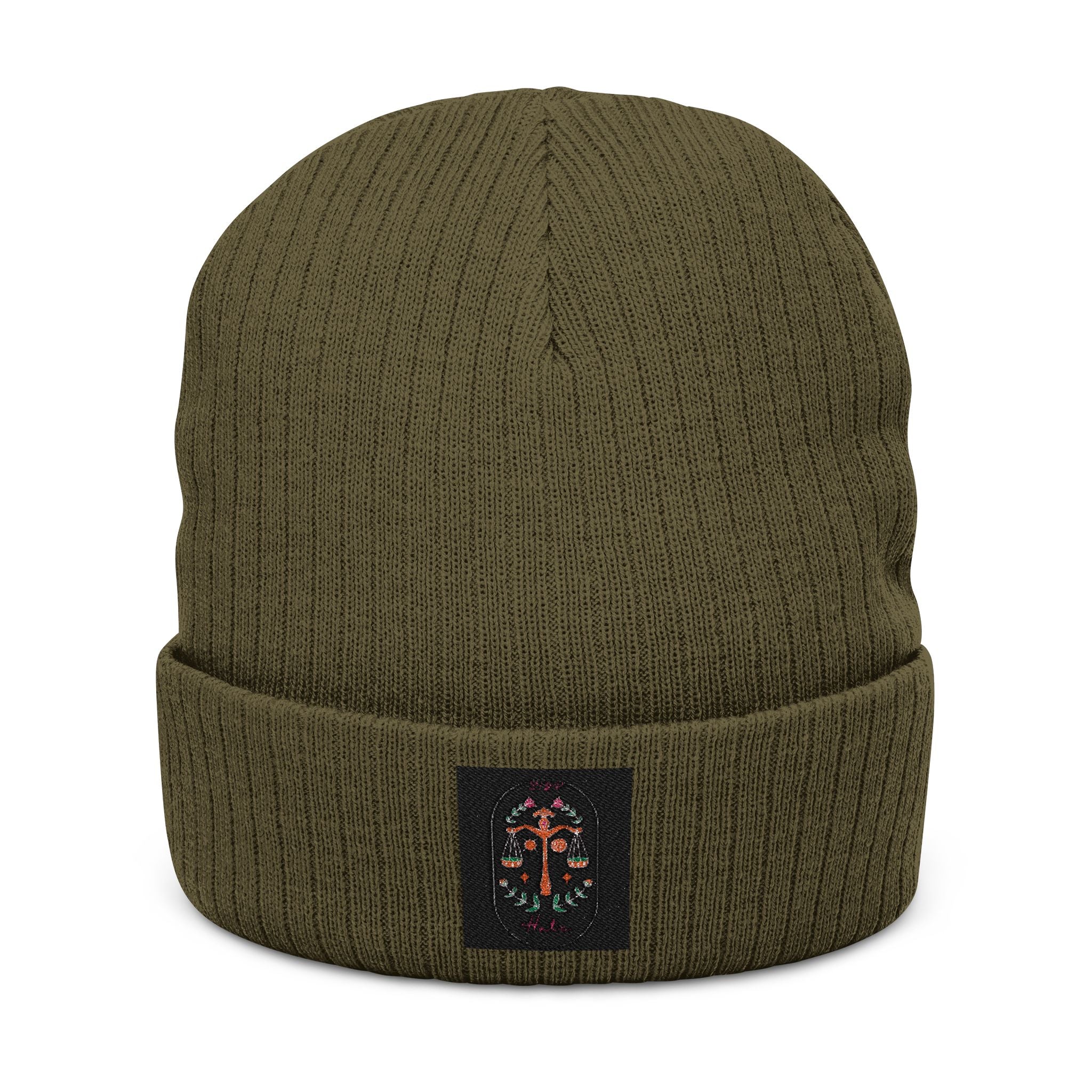 Embroidered Floral Cross Ribbed Knit Beanie - Cozy Gothic Winter Hat