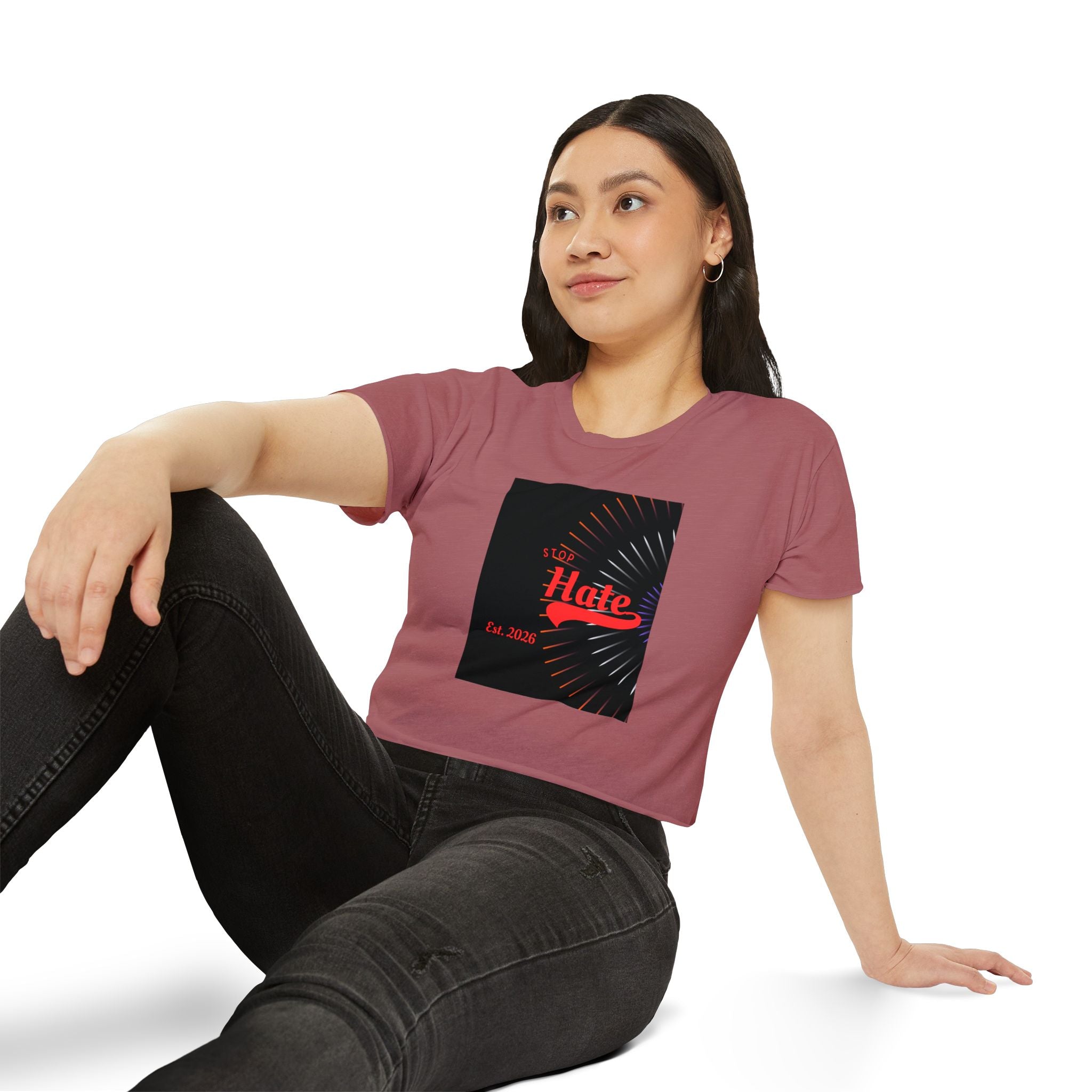 Crop Top — 'Stop Hate' Festival Crop Top, Retro Red Script Graphic