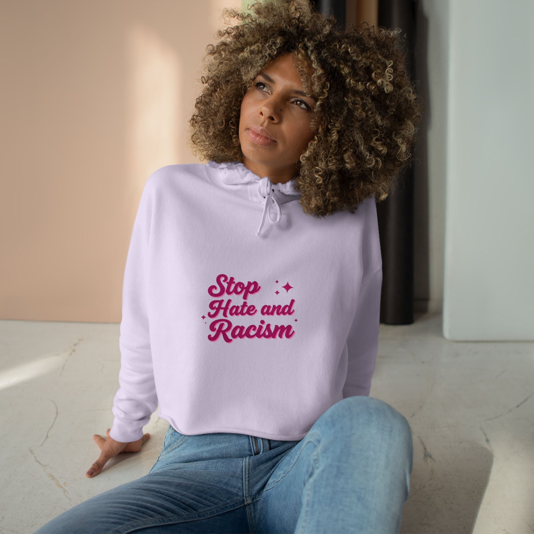 Stop Hate and Racism Crop Hoodie — Women’s Activist Graphic Hoodie