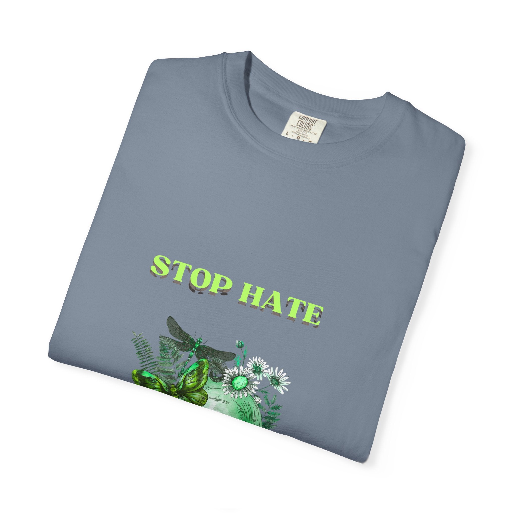 Stop Hate Skull T-Shirt — Green Floral Skull Graphic Tee