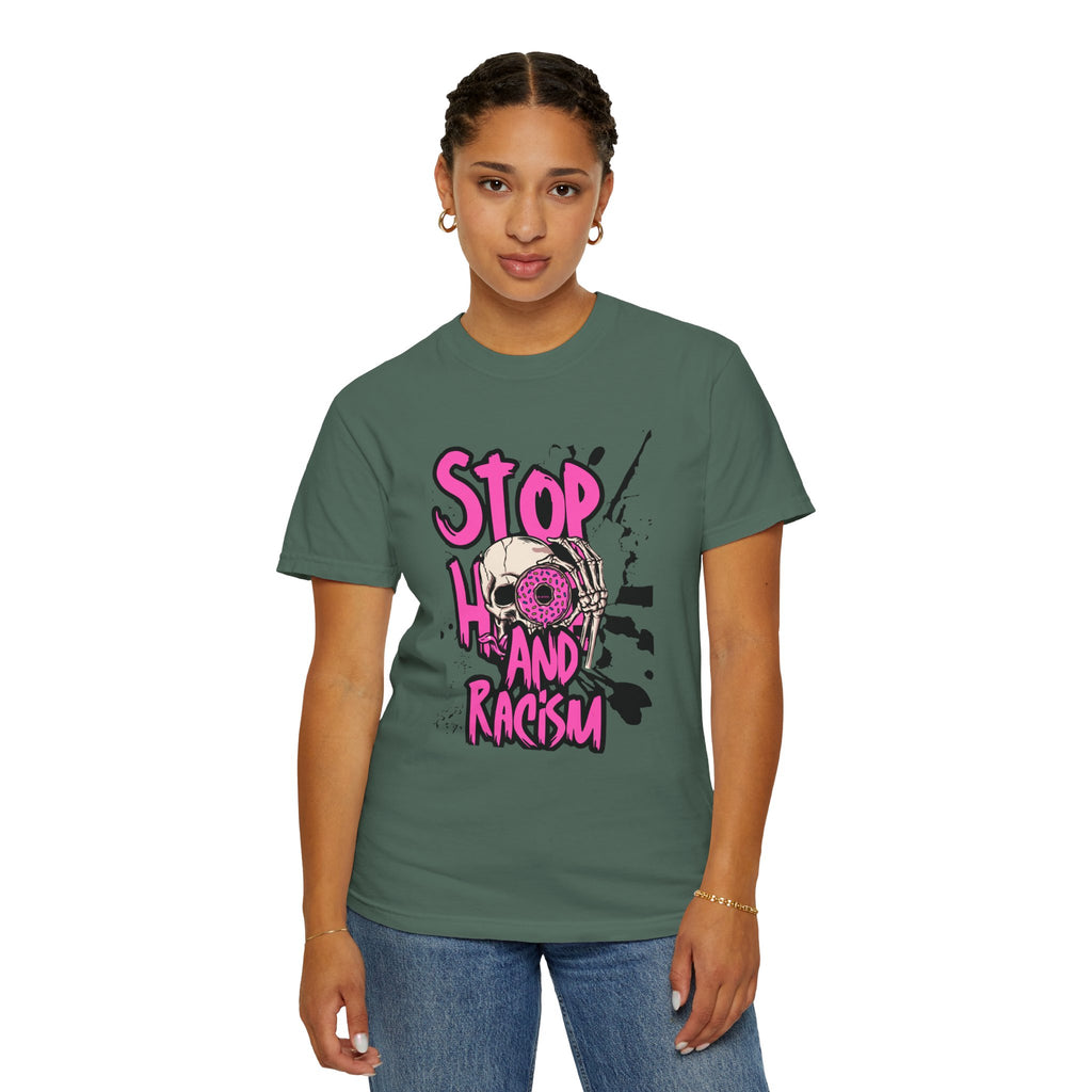 Stop H8 and Racism Graphic Tee — Anti-Racism Skull Donut Protest T-Shirt