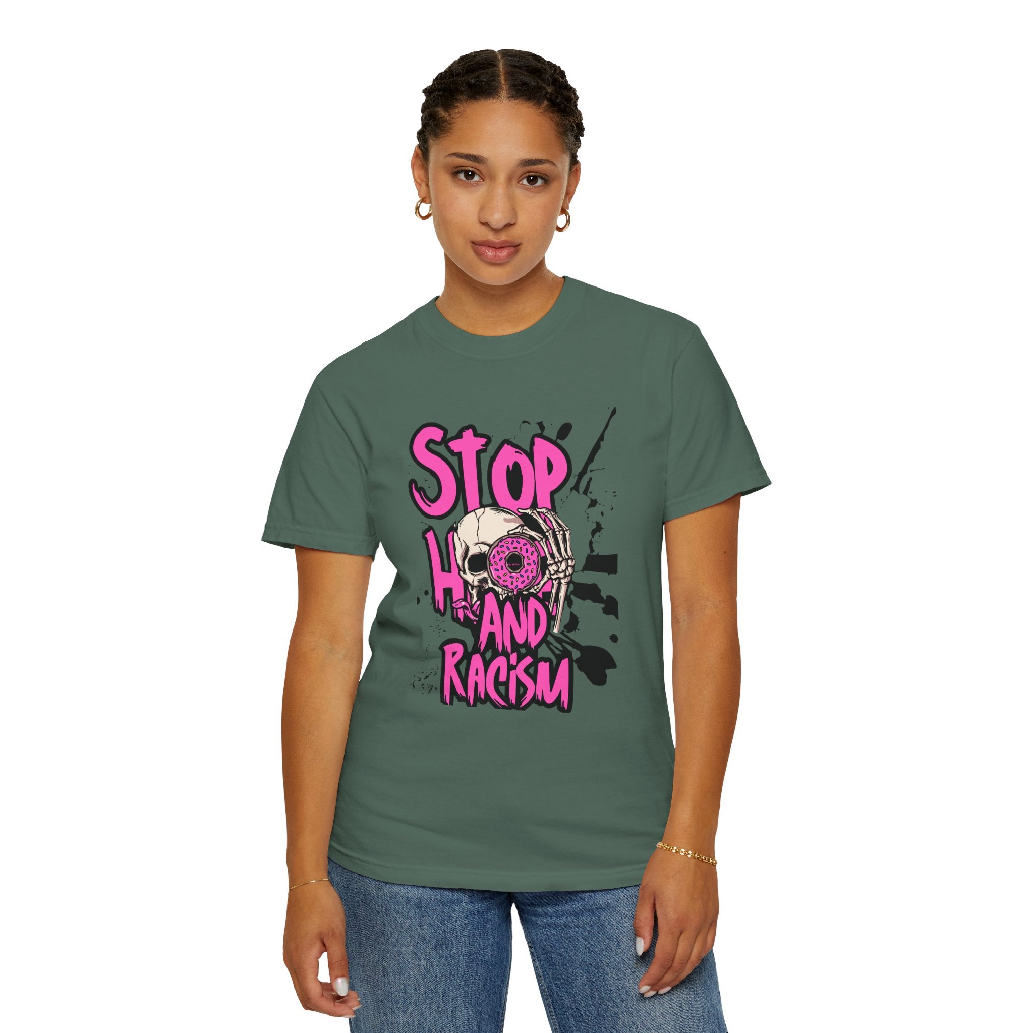 Stop H8 and Racism Graphic Tee — Anti-Racism Skull Donut Protest T-Shirt