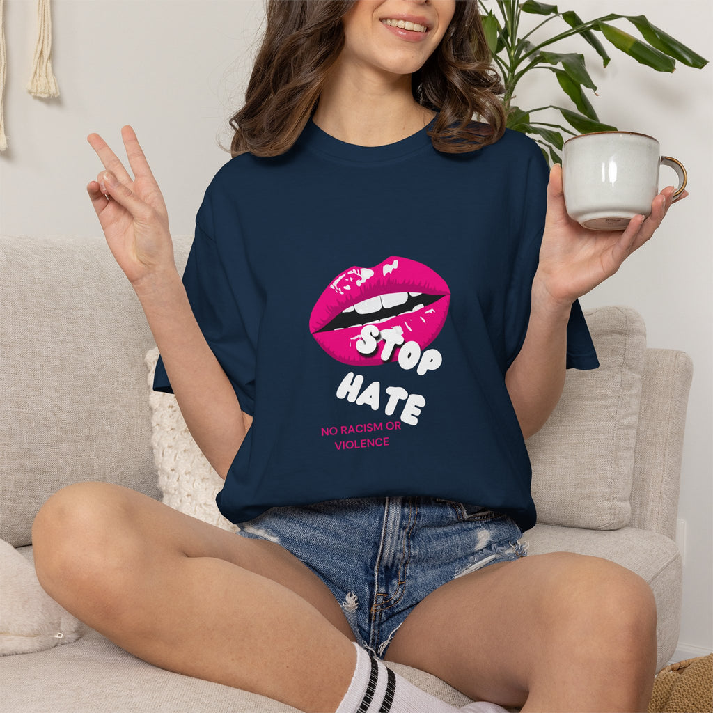 T-Shirt — Pink Lip 'Stop' Graphic Tee (No Racism or Violence)