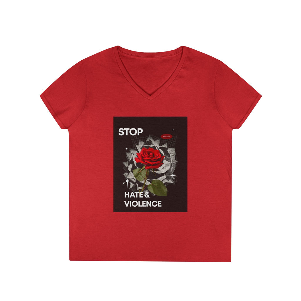 Stop Hate & Violence Women's V-Neck T-Shirt — Red Rose Peace Graphic Tee