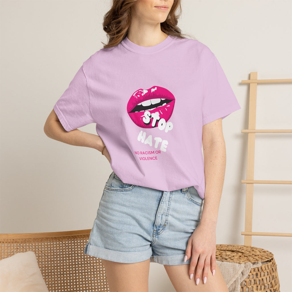 T-Shirt — Pink Lip 'Stop' Graphic Tee (No Racism or Violence)