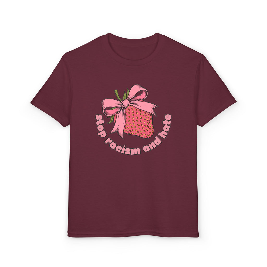 Youth T-Shirt — Cute Pink Gift Box Graphic with "Stop, Realism and Races" Slogan