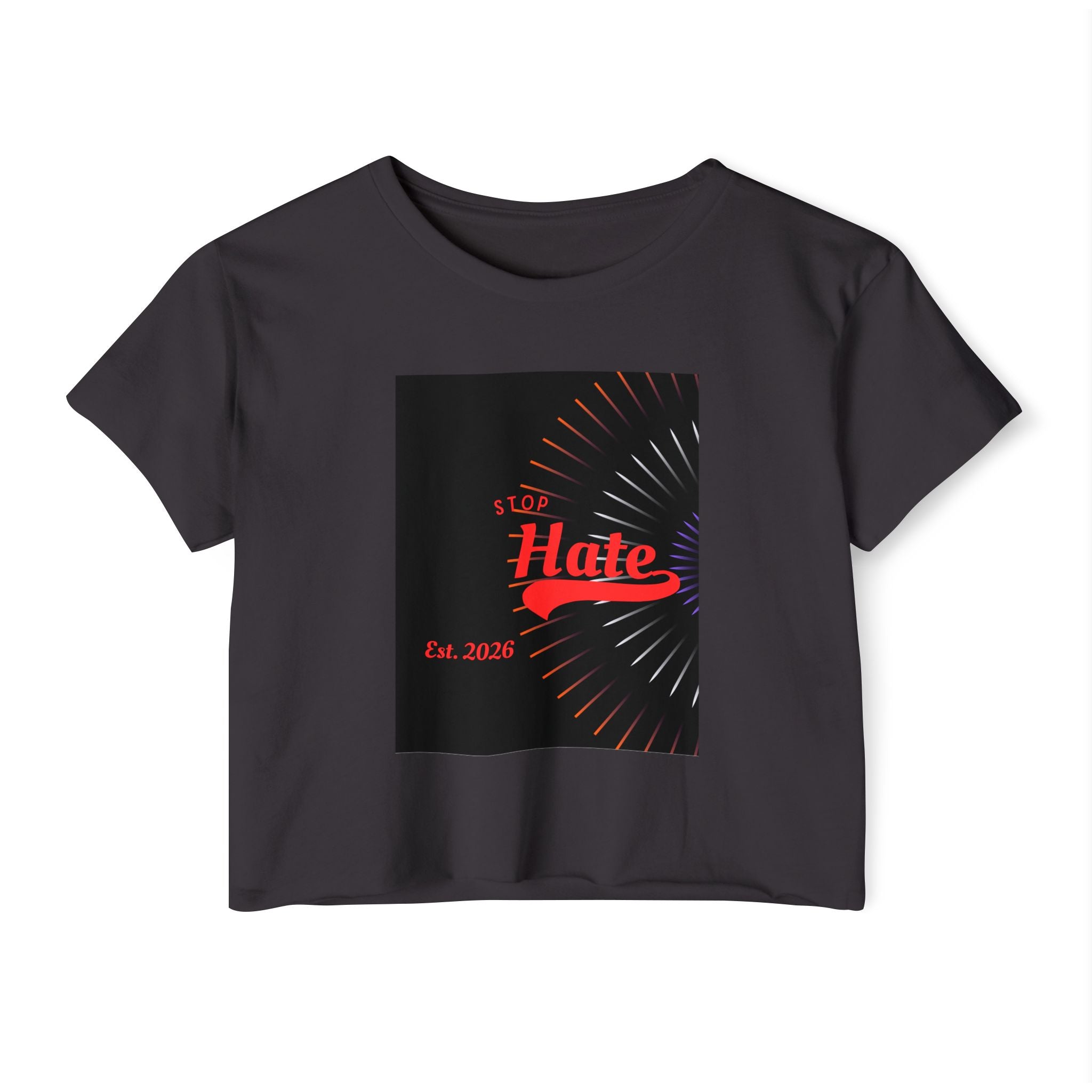 Crop Top — 'Stop Hate' Festival Crop Top, Retro Red Script Graphic