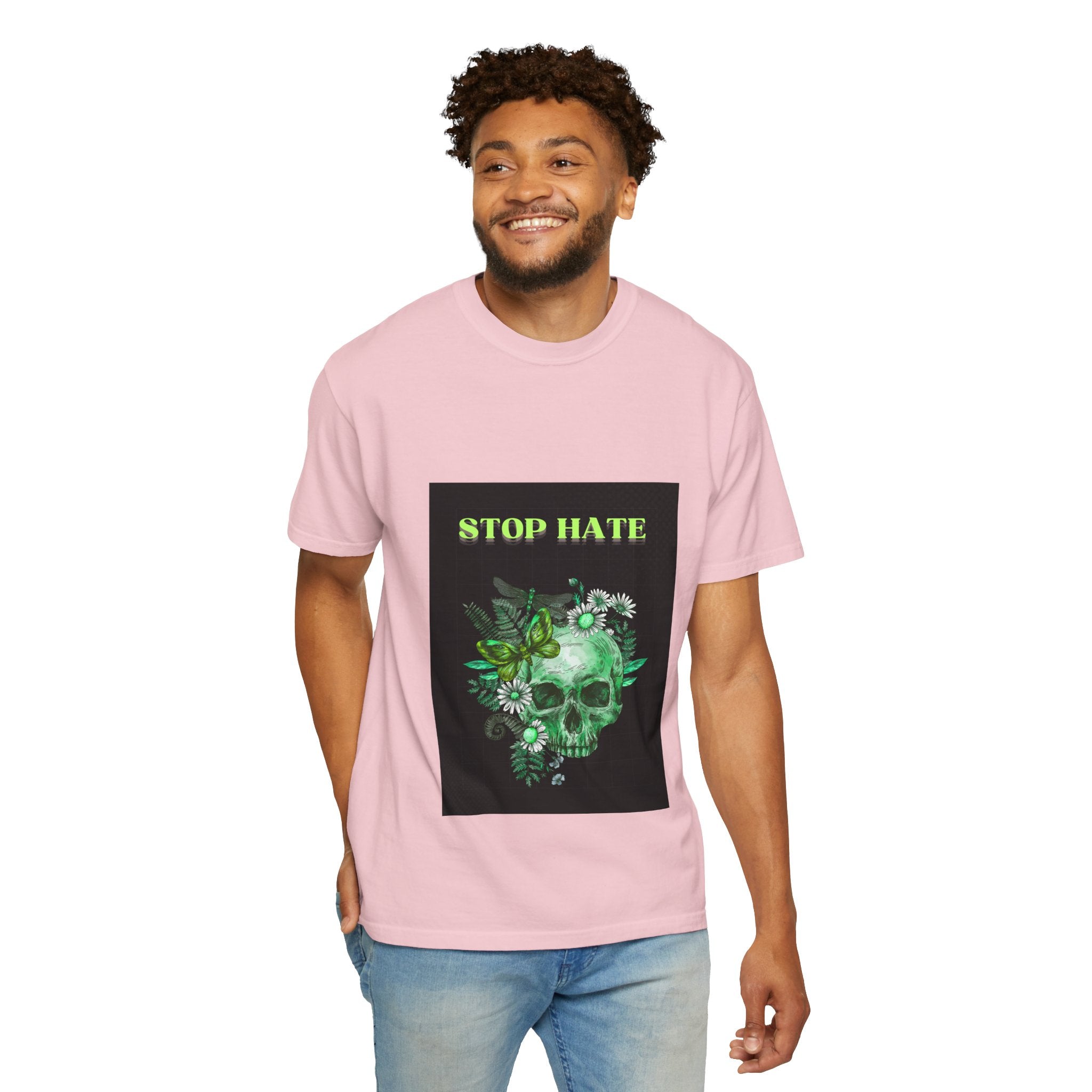 Stop Hate Skull T-Shirt — Green Floral Skull Graphic Tee