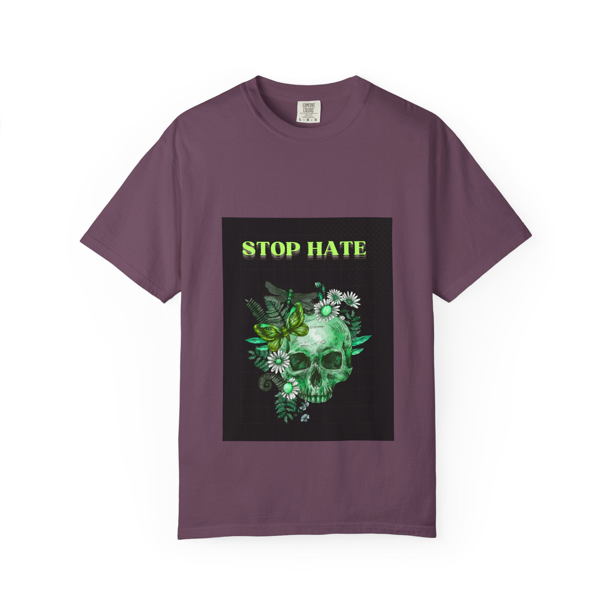 Stop Hate Skull T-Shirt — Green Floral Skull Graphic Tee