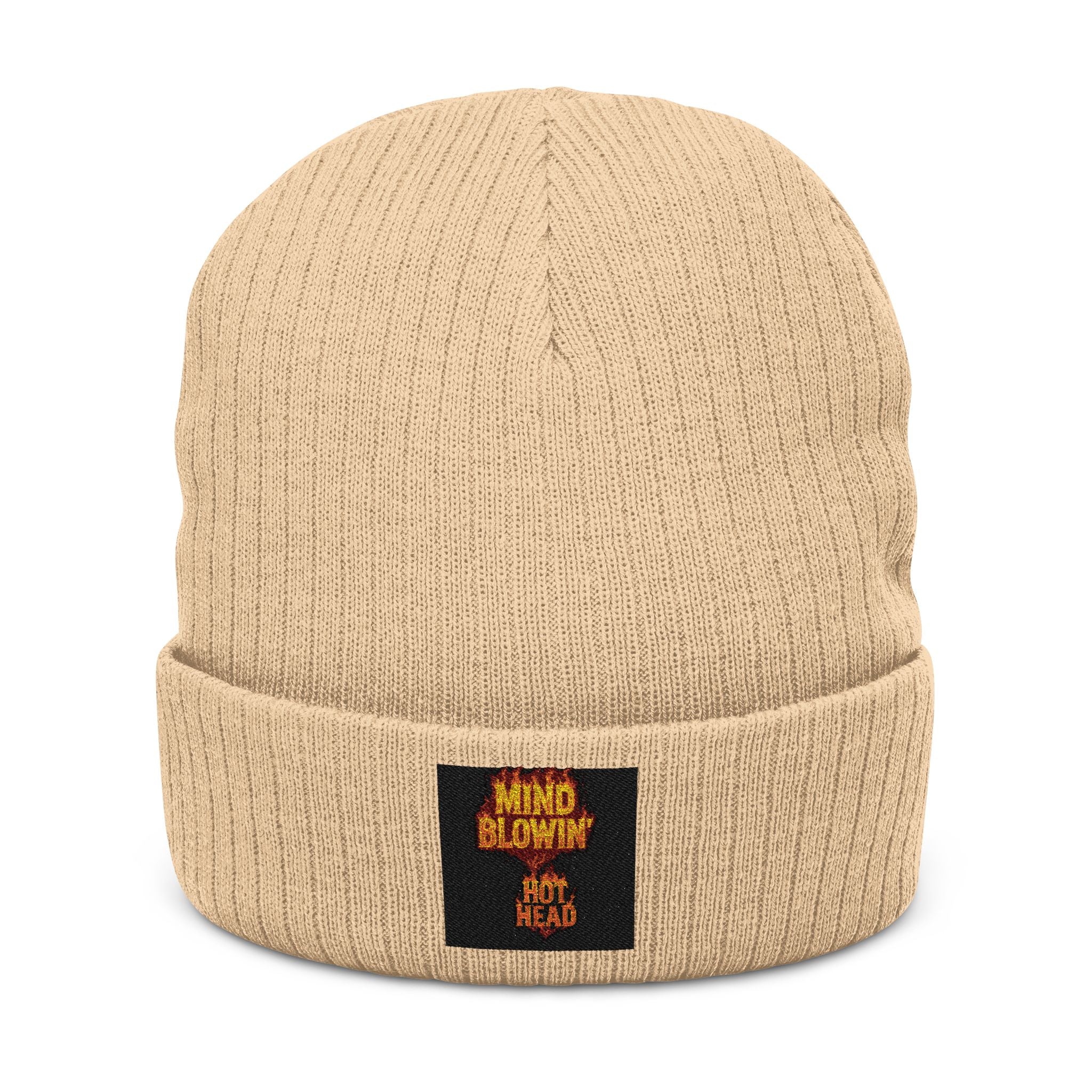 Embroidered 'Mind Blown' Flame Beanie — Ribbed Knit Winter Hat