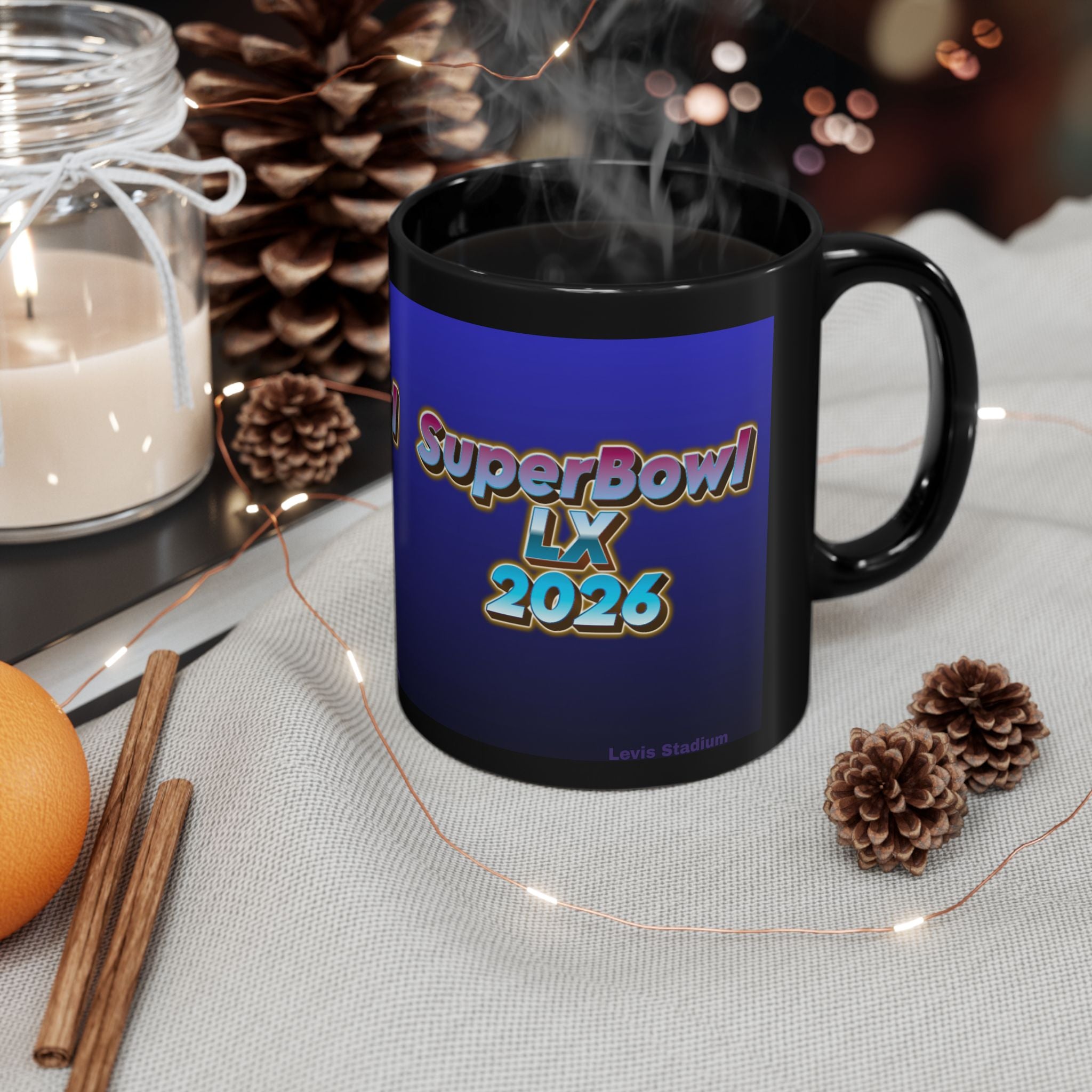 SuperBowl LX 2026 Black Mug – Retro Gradient Football Fan Coffee Cup (11oz/15oz)