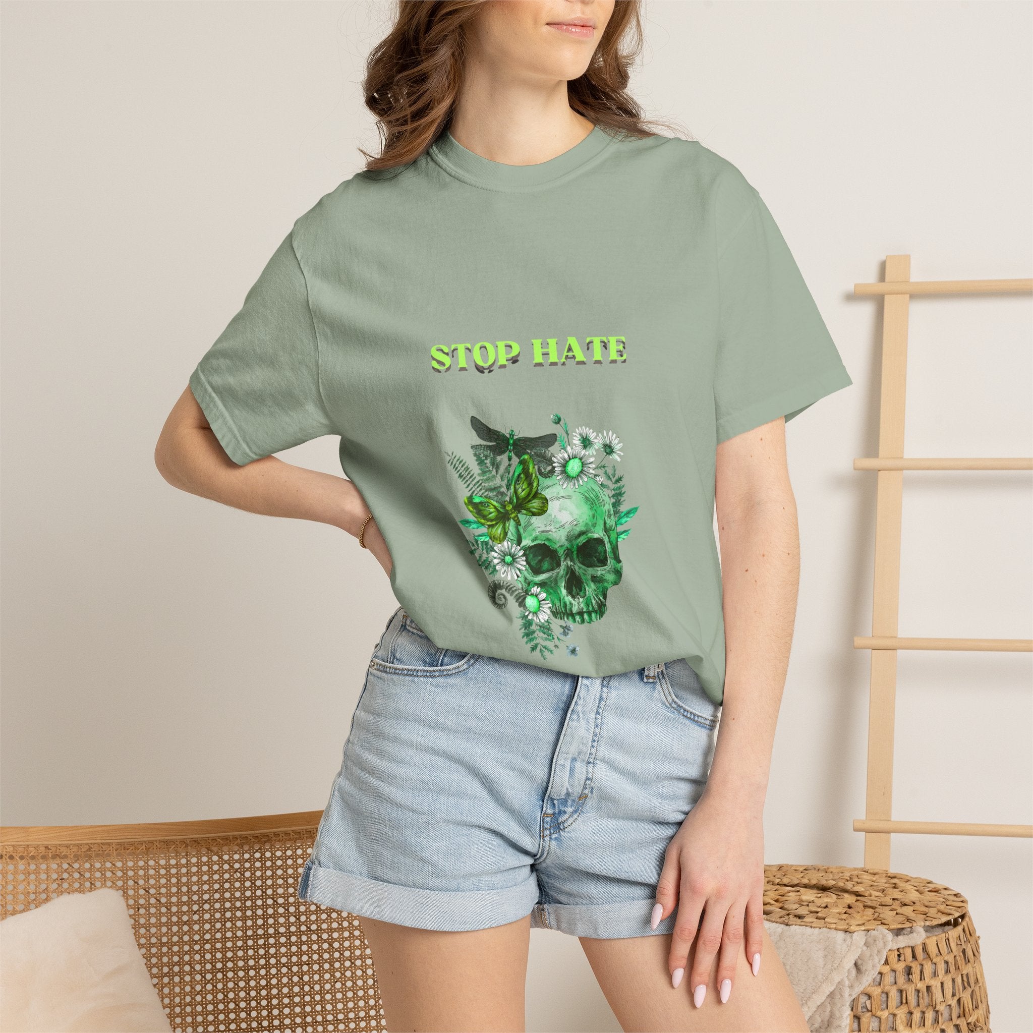 Stop Hate Skull T-Shirt — Green Floral Skull Graphic Tee