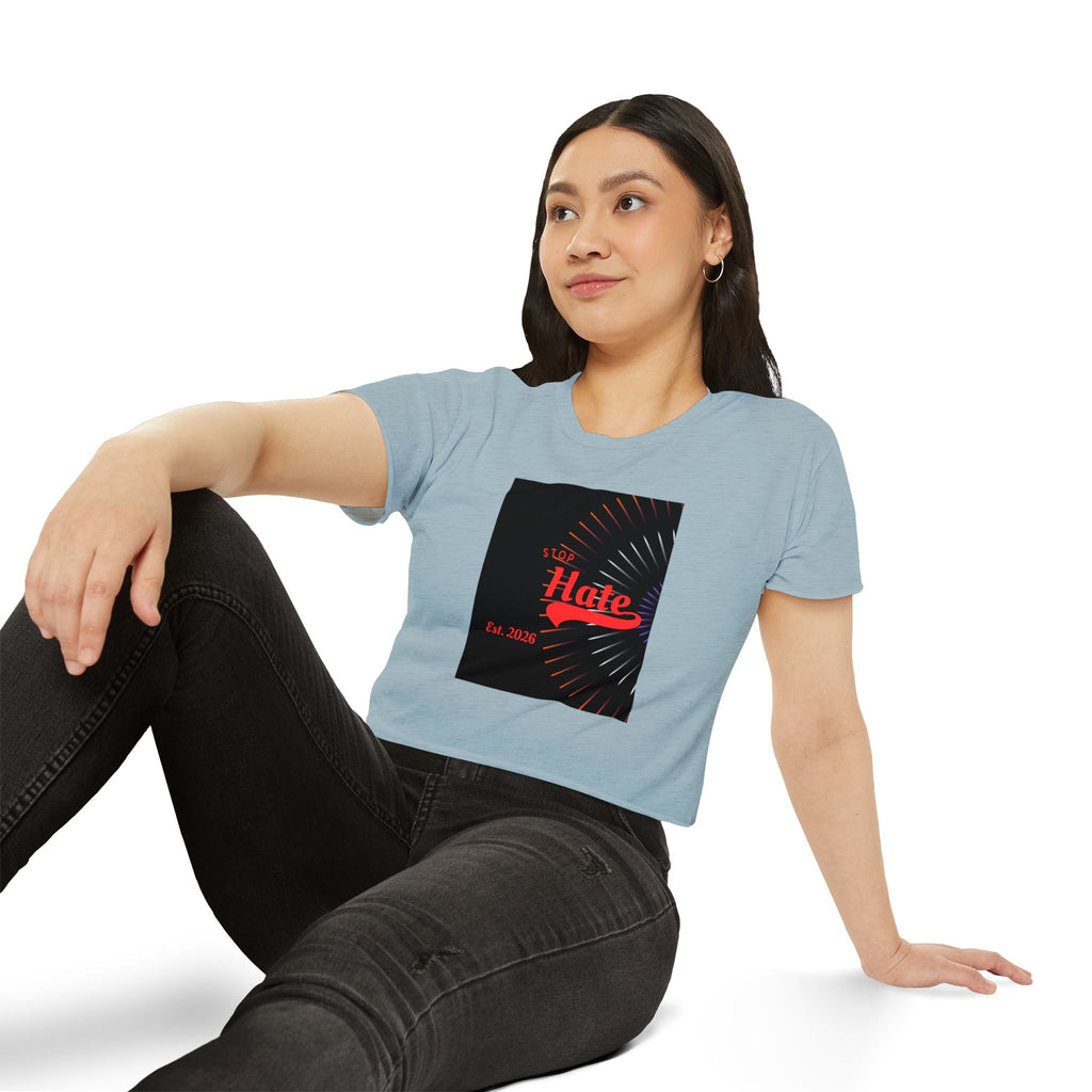 Crop Top — 'Stop Hate' Festival Crop Top, Retro Red Script Graphic