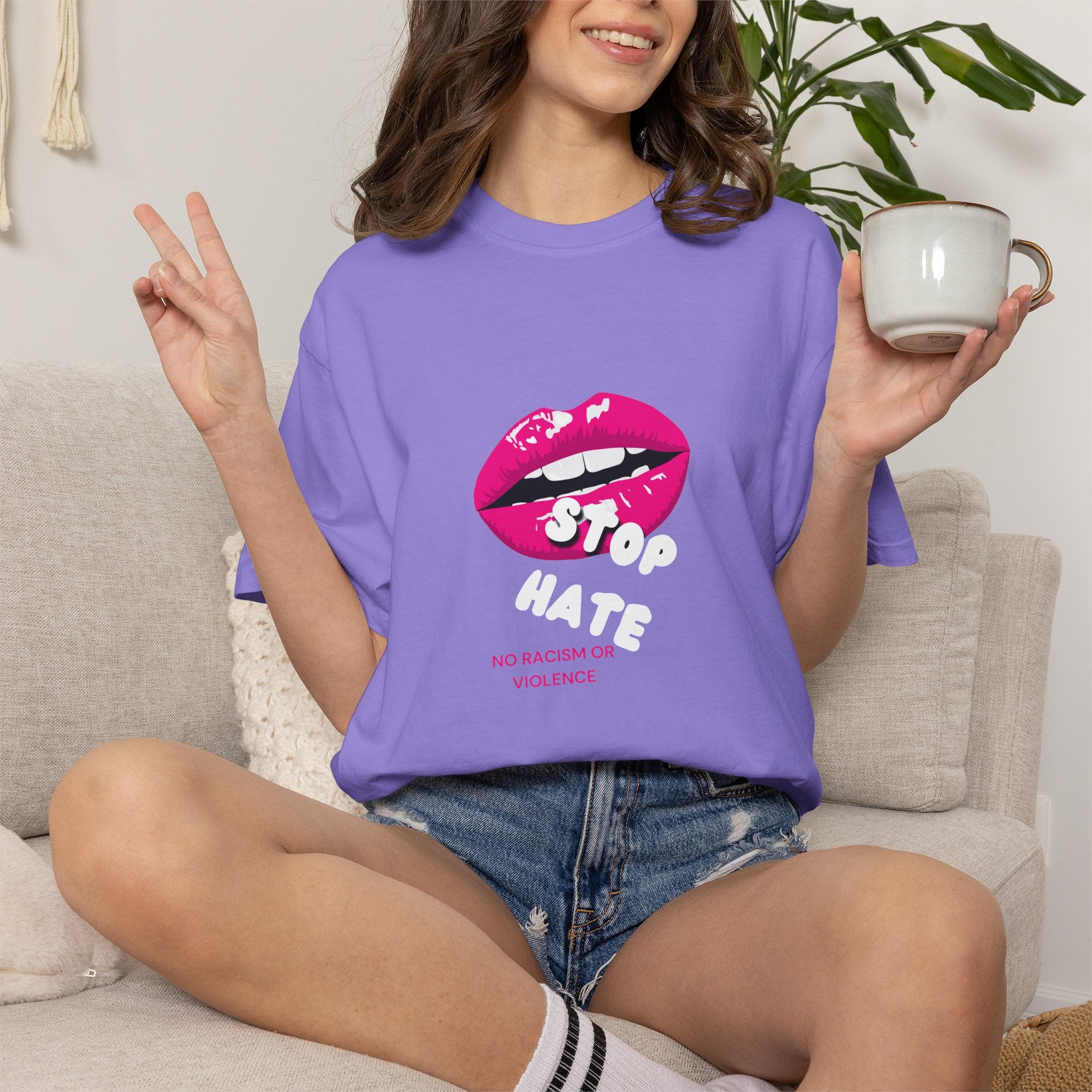 T-Shirt — Pink Lip 'Stop' Graphic Tee (No Racism or Violence)