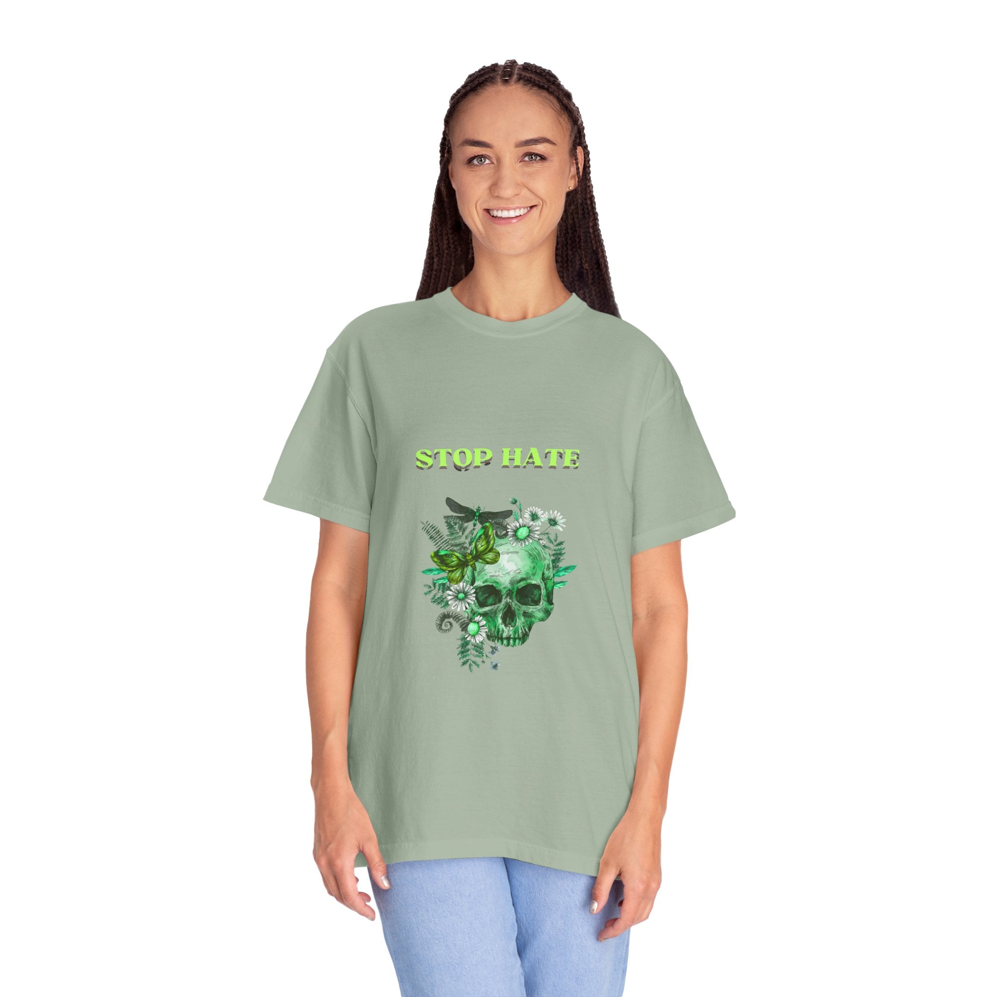 Stop Hate Skull T-Shirt — Green Floral Skull Graphic Tee