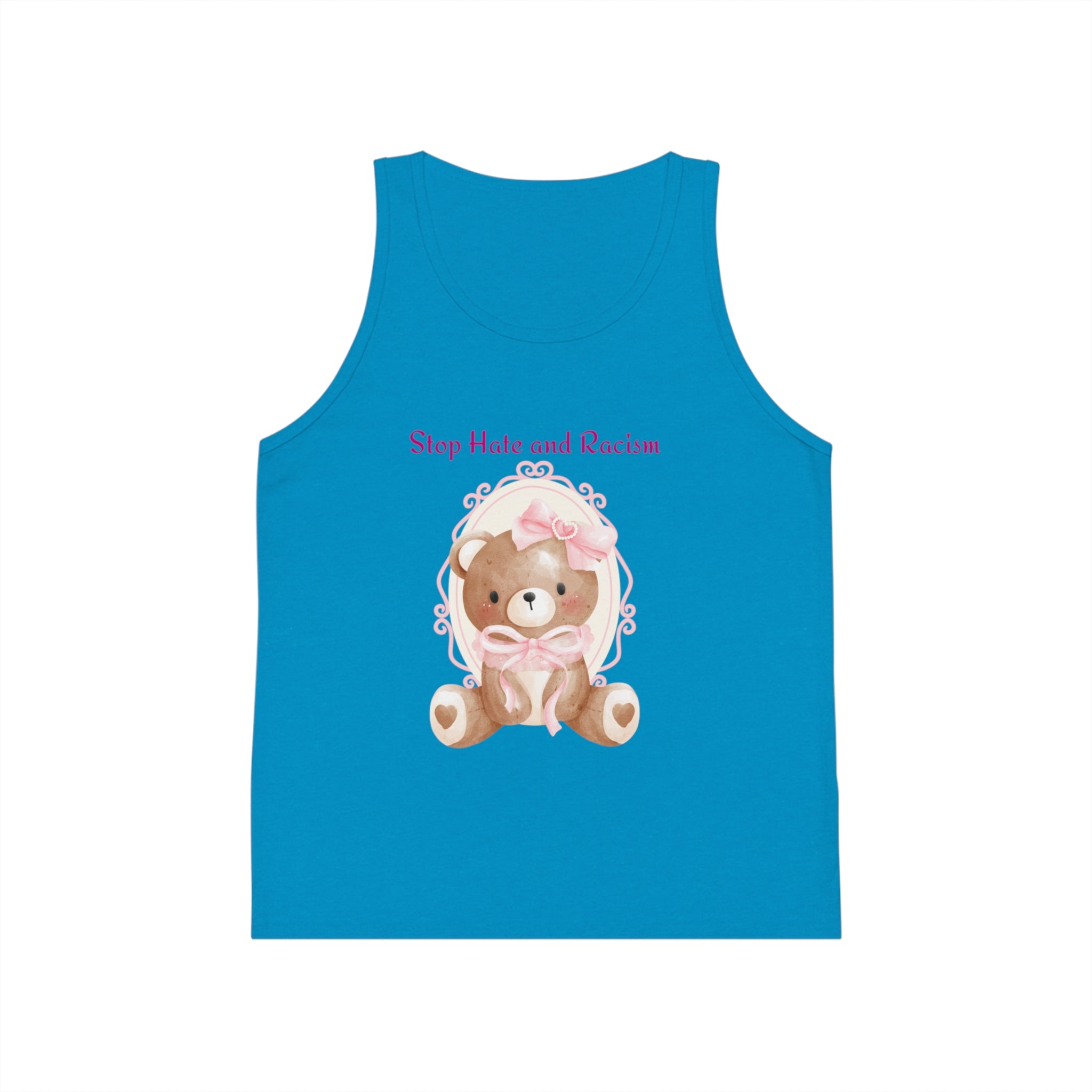 Kids Tank Top — "Stop Hate and Racism" Teddy Bear Graphic