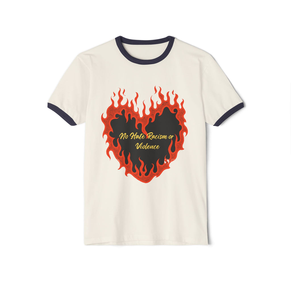 Ringer T-Shirt - Flaming Heart "No Hate, Racism or Violence" Graphic