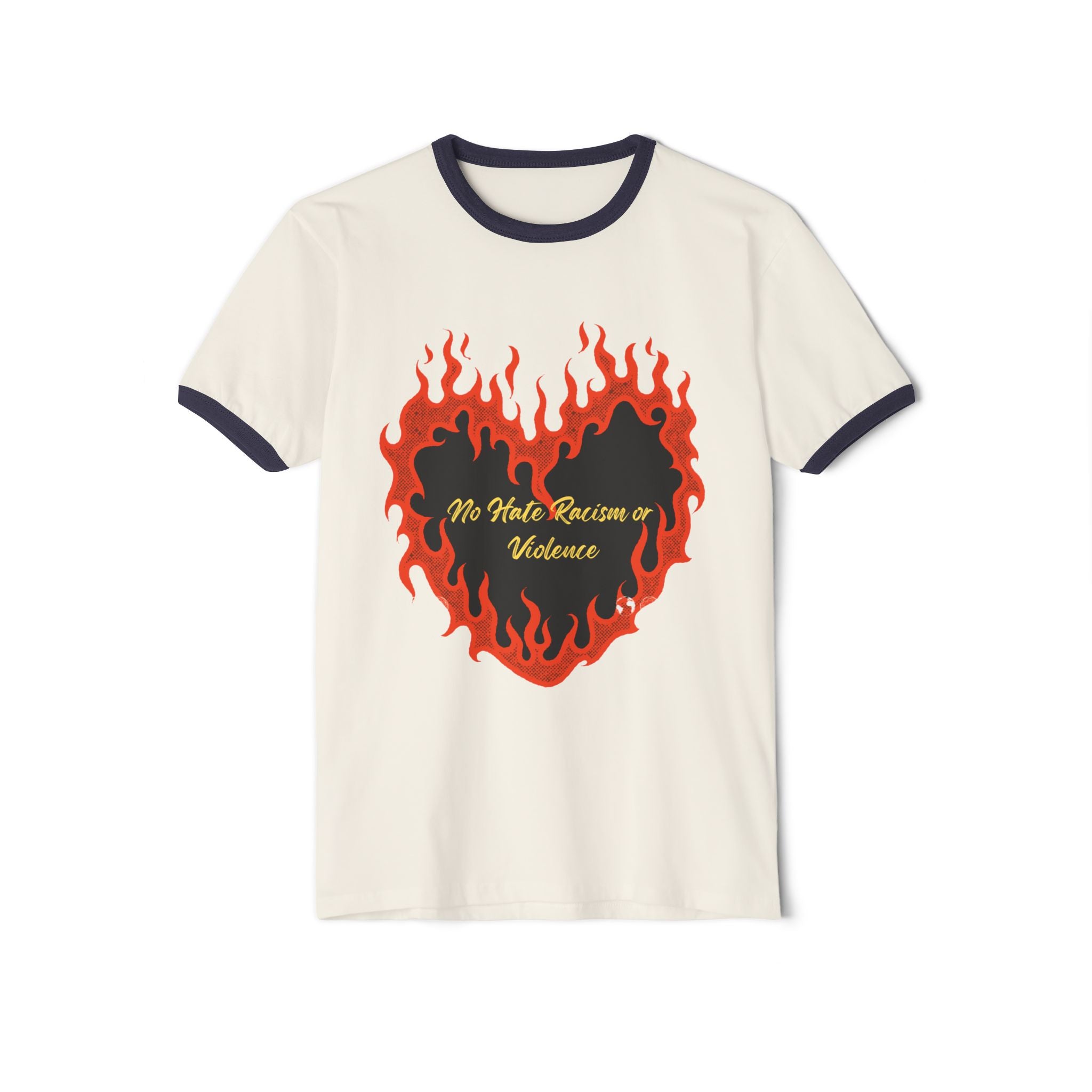Ringer T-Shirt - Flaming Heart "No Hate, Racism or Violence" Graphic