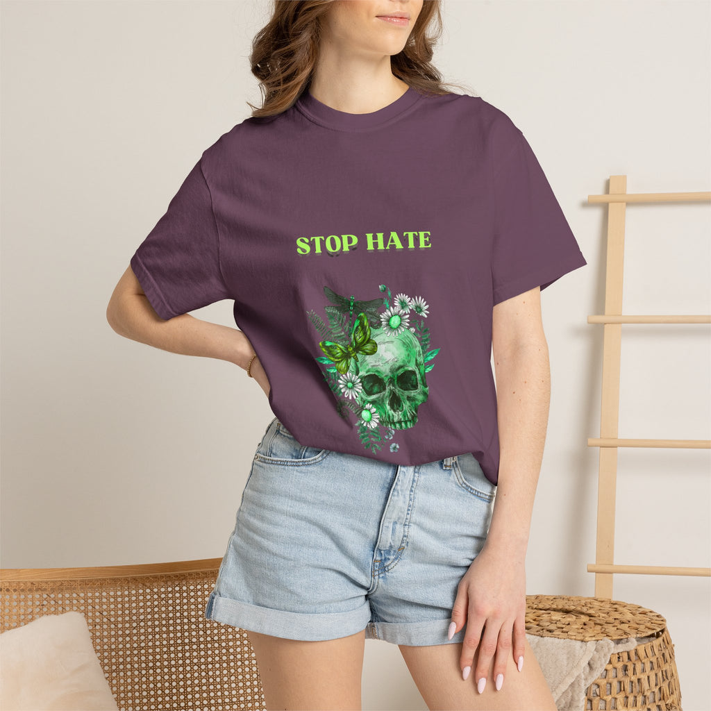 Stop Hate Skull T-Shirt — Green Floral Skull Graphic Tee