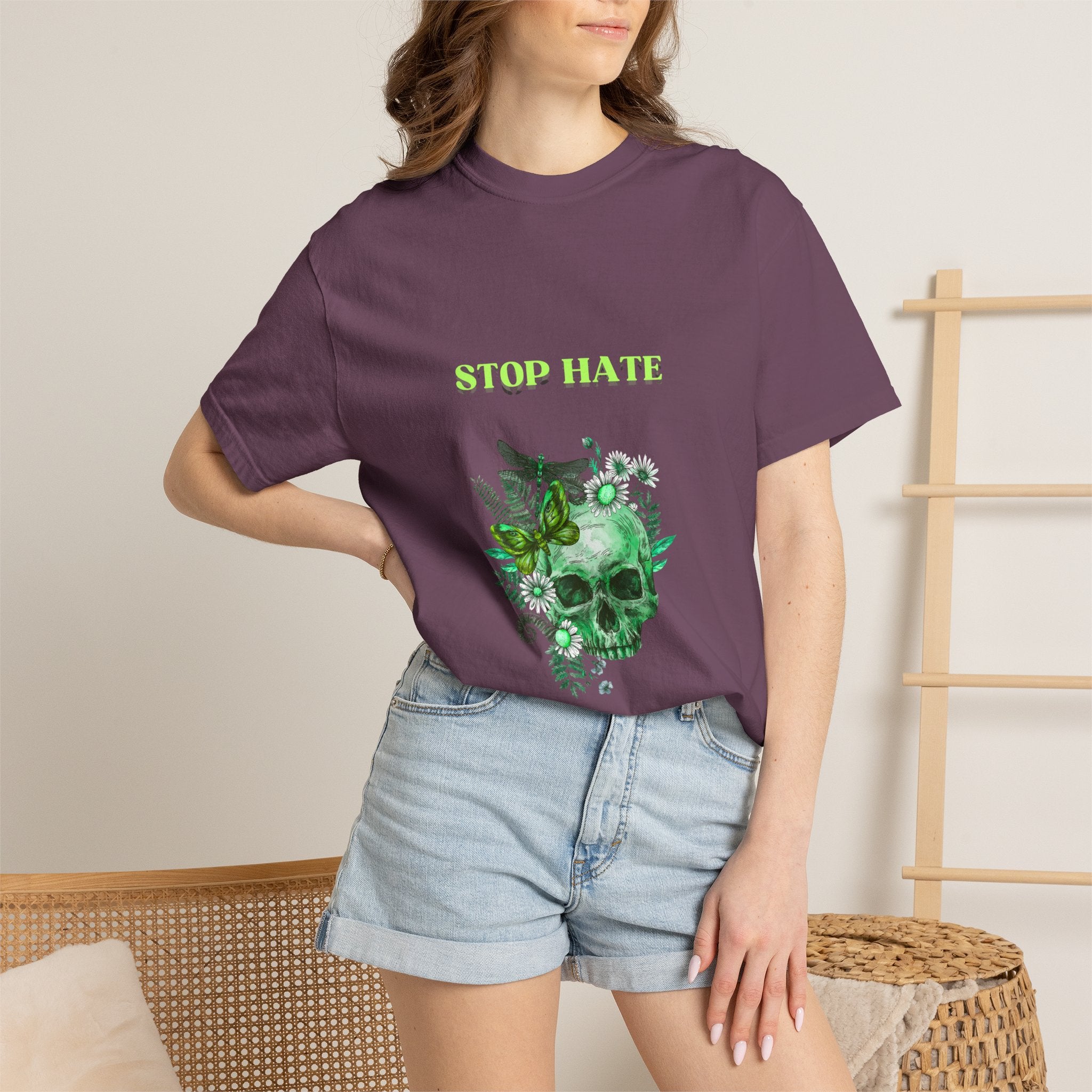 Stop Hate Skull T-Shirt — Green Floral Skull Graphic Tee
