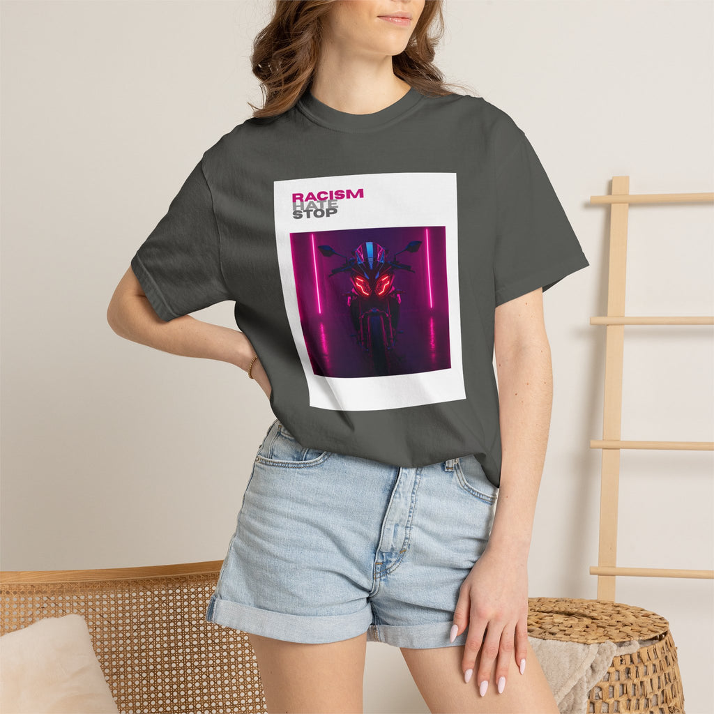Anti-Racism Graphic T-Shirt — “Racism Stop” Neon Robot Design