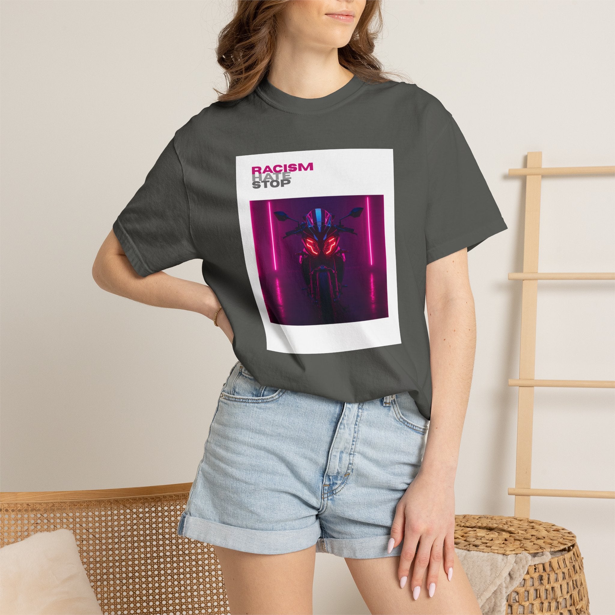 Anti-Racism Graphic T-Shirt — “Racism Stop” Neon Robot Design