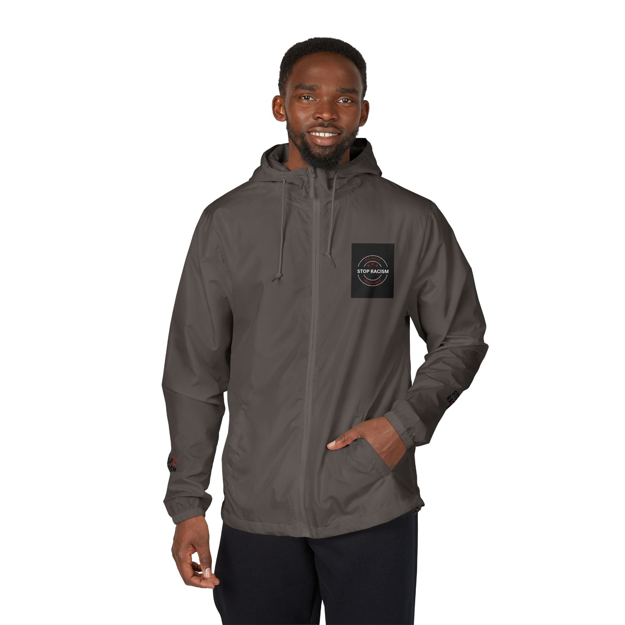 Windbreaker Jacket — Minimal White Camo Hooded Windbreaker with Small Chest Patch & Sleeve Logos