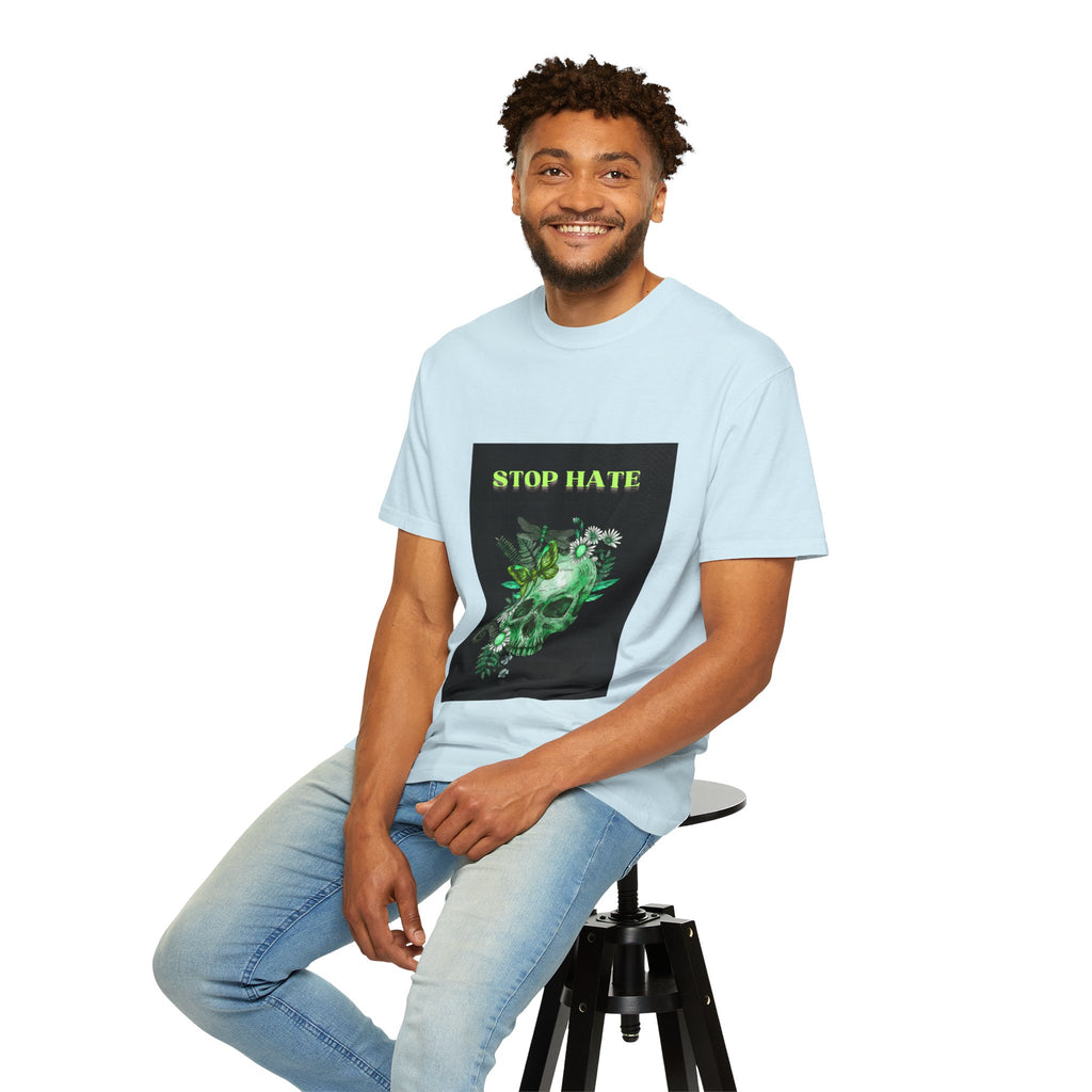 Stop Hate Skull T-Shirt — Green Floral Skull Graphic Tee