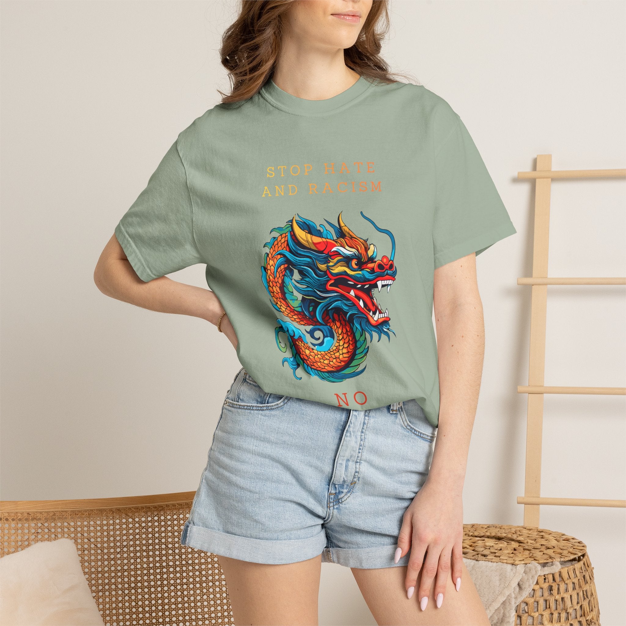 T-Shirt — 'Stop Hate and Racism, No Violence' Dragon Graphic Tee