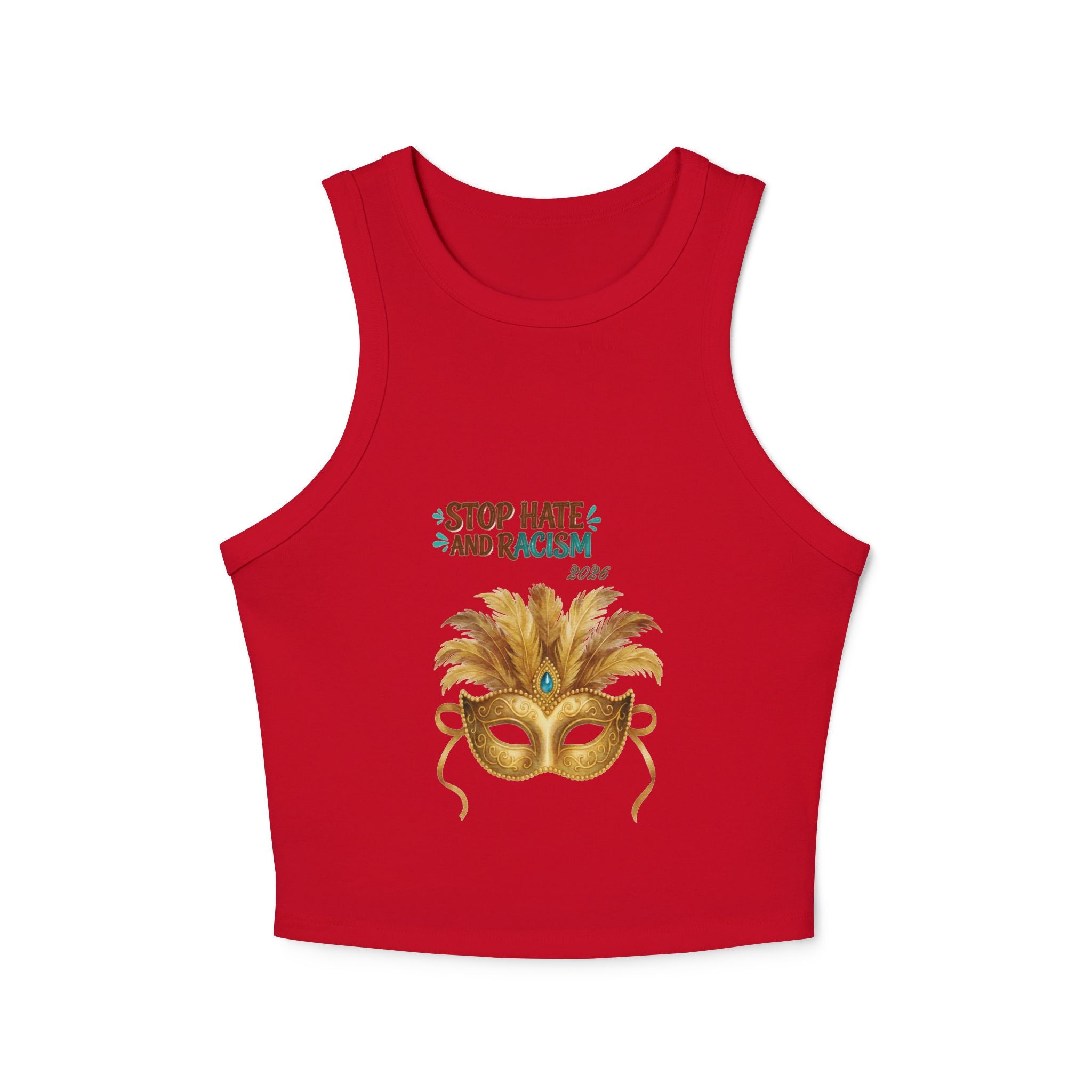 Mardi Gras Feather Mask Tank — "Stop Hate and Racism" Women's Racer Crop