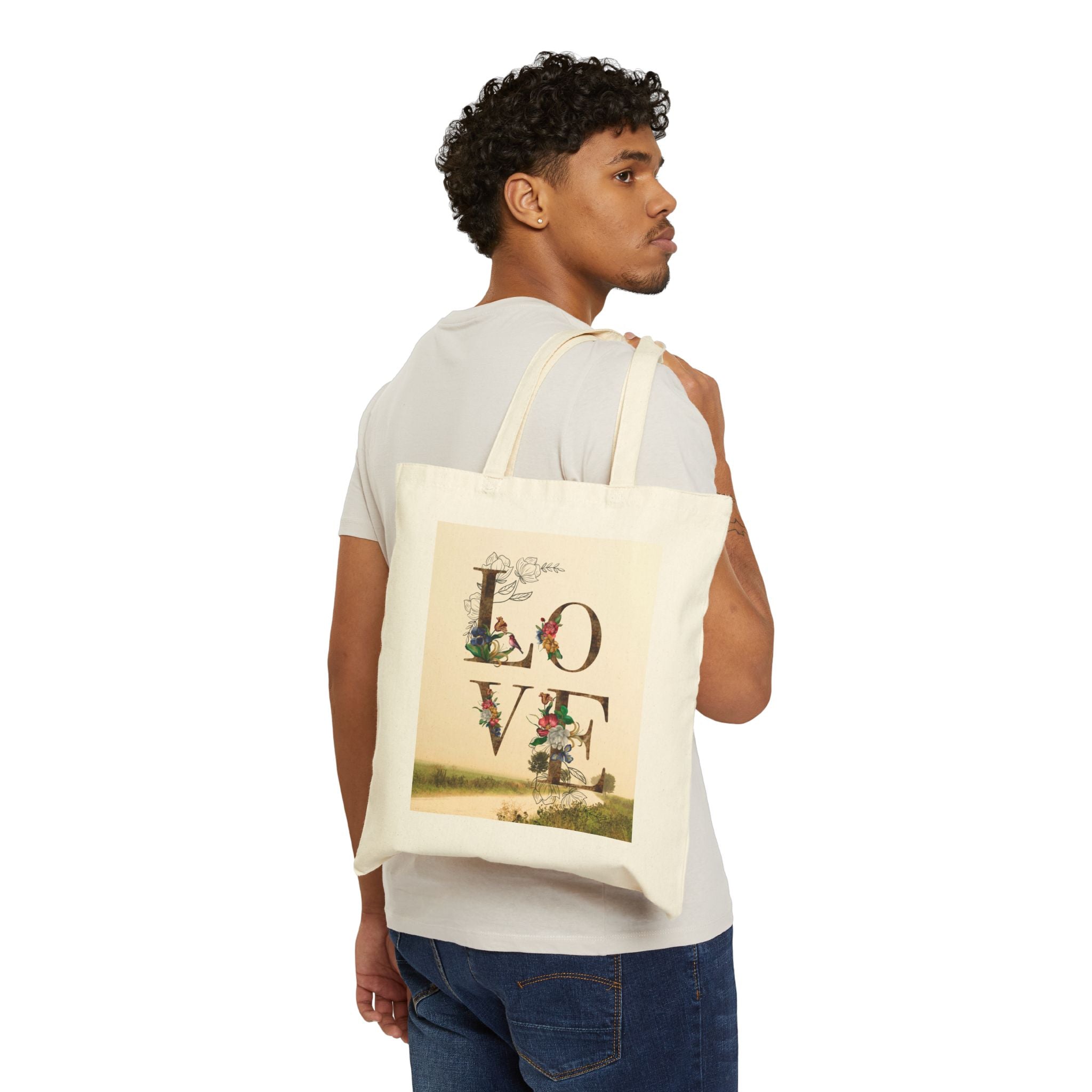 Love Floral Canvas Tote Bag — Vintage Botanical 'LOVE' Print Cotton Shopper