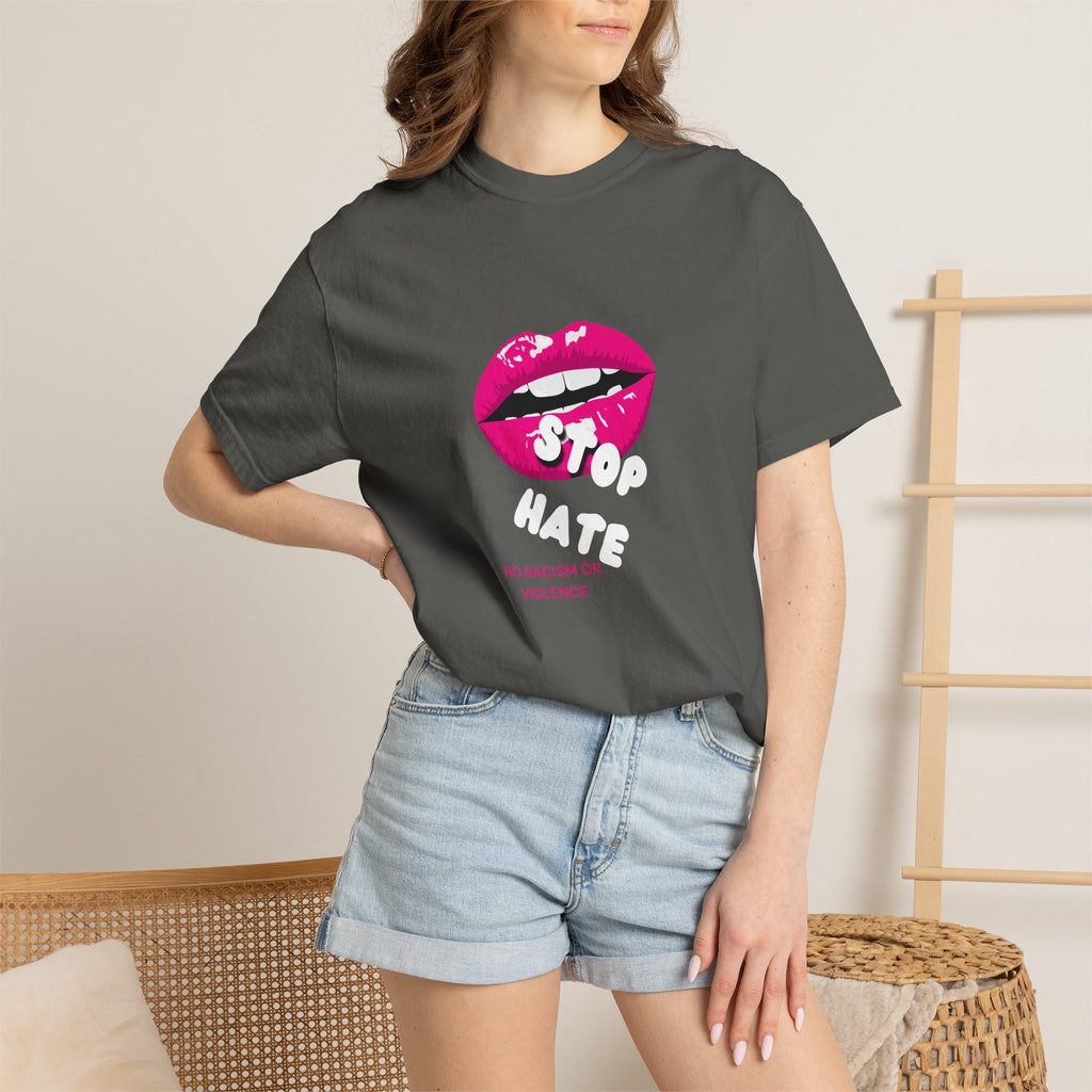 T-Shirt — Pink Lip 'Stop' Graphic Tee (No Racism or Violence)