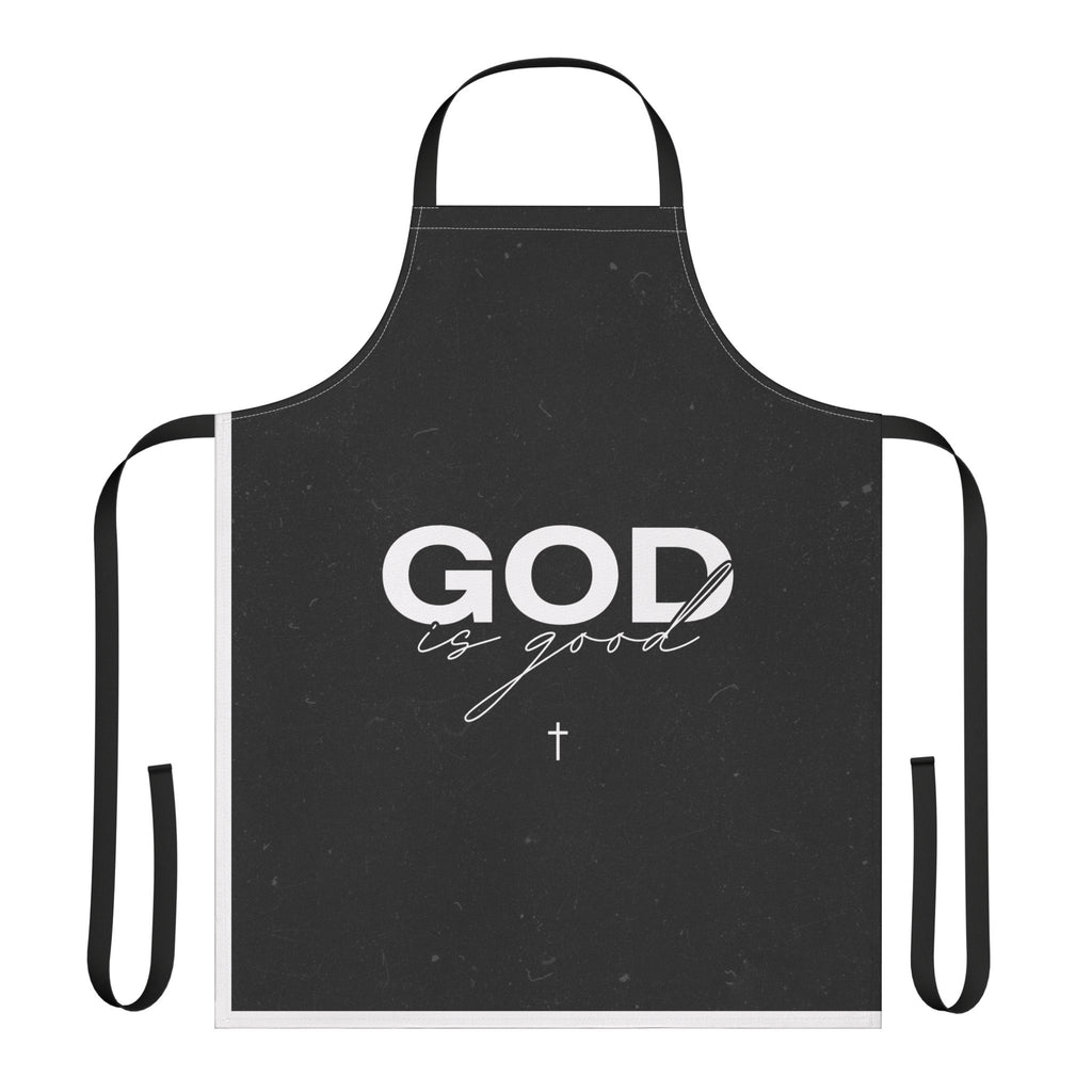 God Is Good Black Apron — Christian Kitchen Apron with Script Cross Design