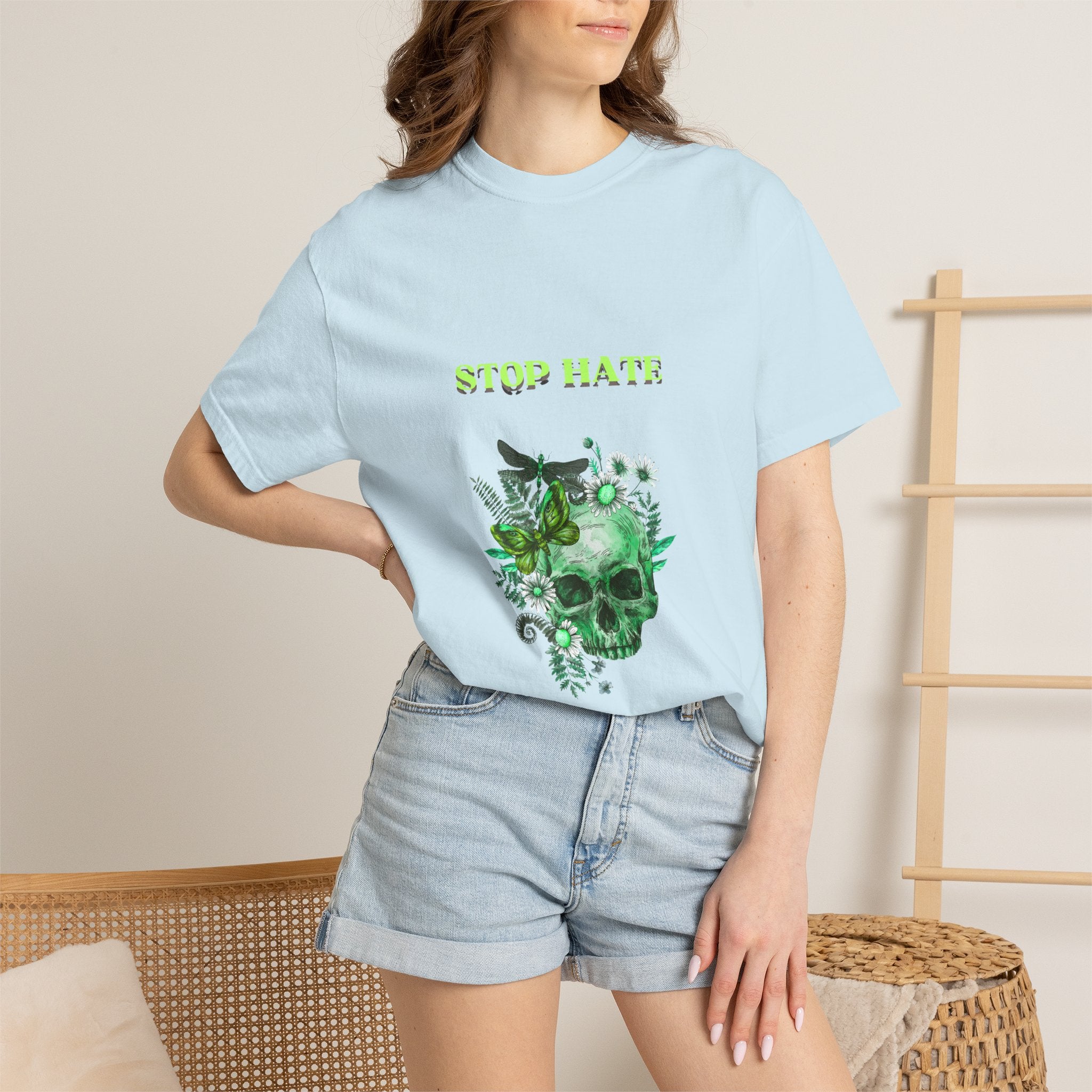 Stop Hate Skull T-Shirt — Green Floral Skull Graphic Tee