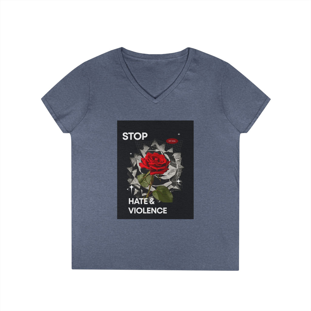 Stop Hate & Violence Women's V-Neck T-Shirt — Red Rose Peace Graphic Tee