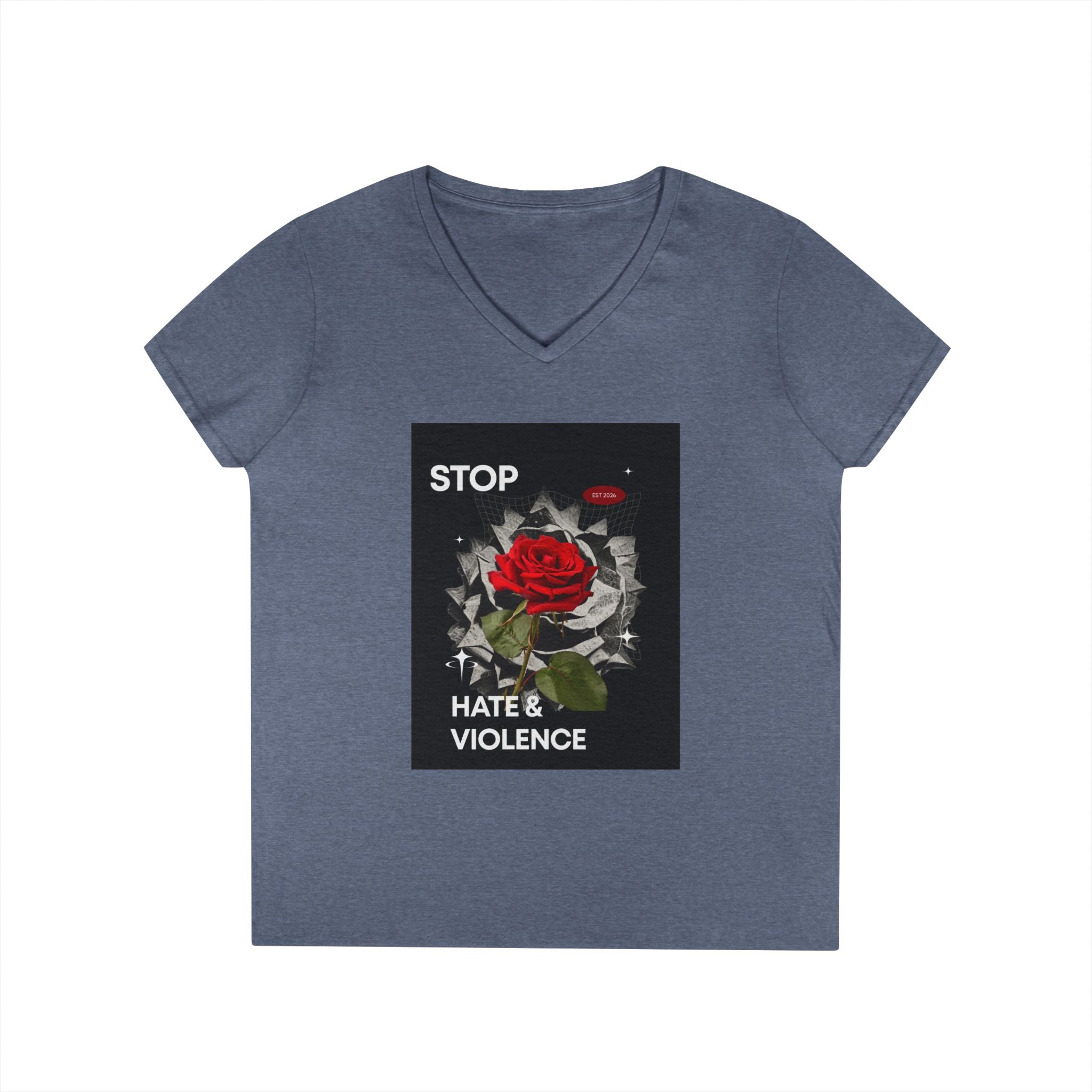 Stop Hate & Violence Women's V-Neck T-Shirt — Red Rose Peace Graphic Tee