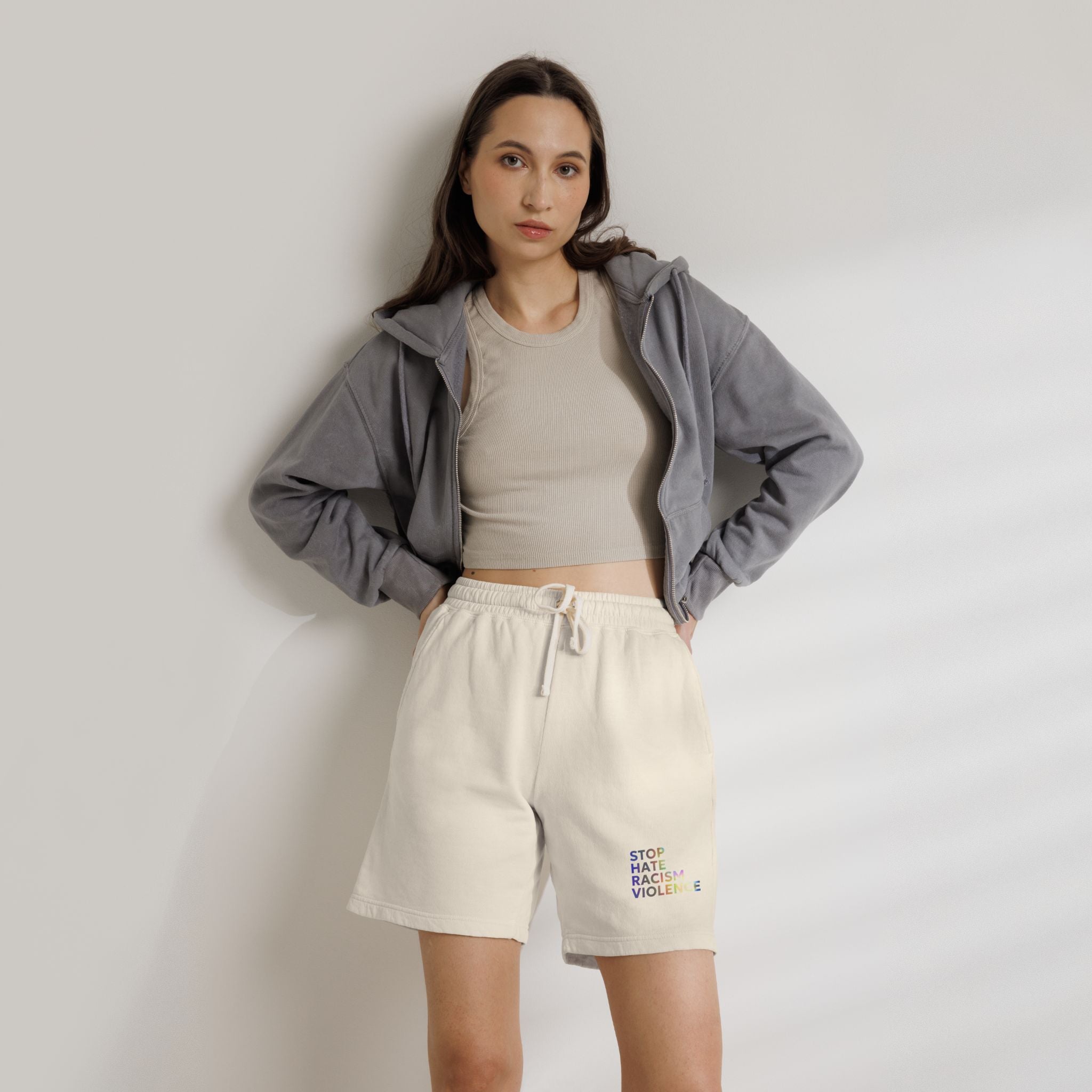 Stop Hate Shorts — Lightweight Fleece Sweat Shorts with "Stop Hate Racism and Violence" Print