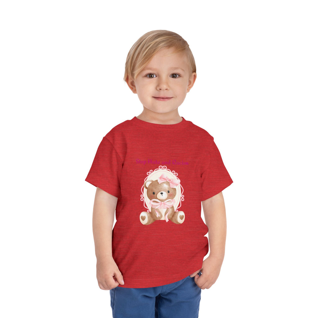 Toddler Tee – Pink Teddy "Stop Hate and Racism" Anti-Racism Kids Shirt