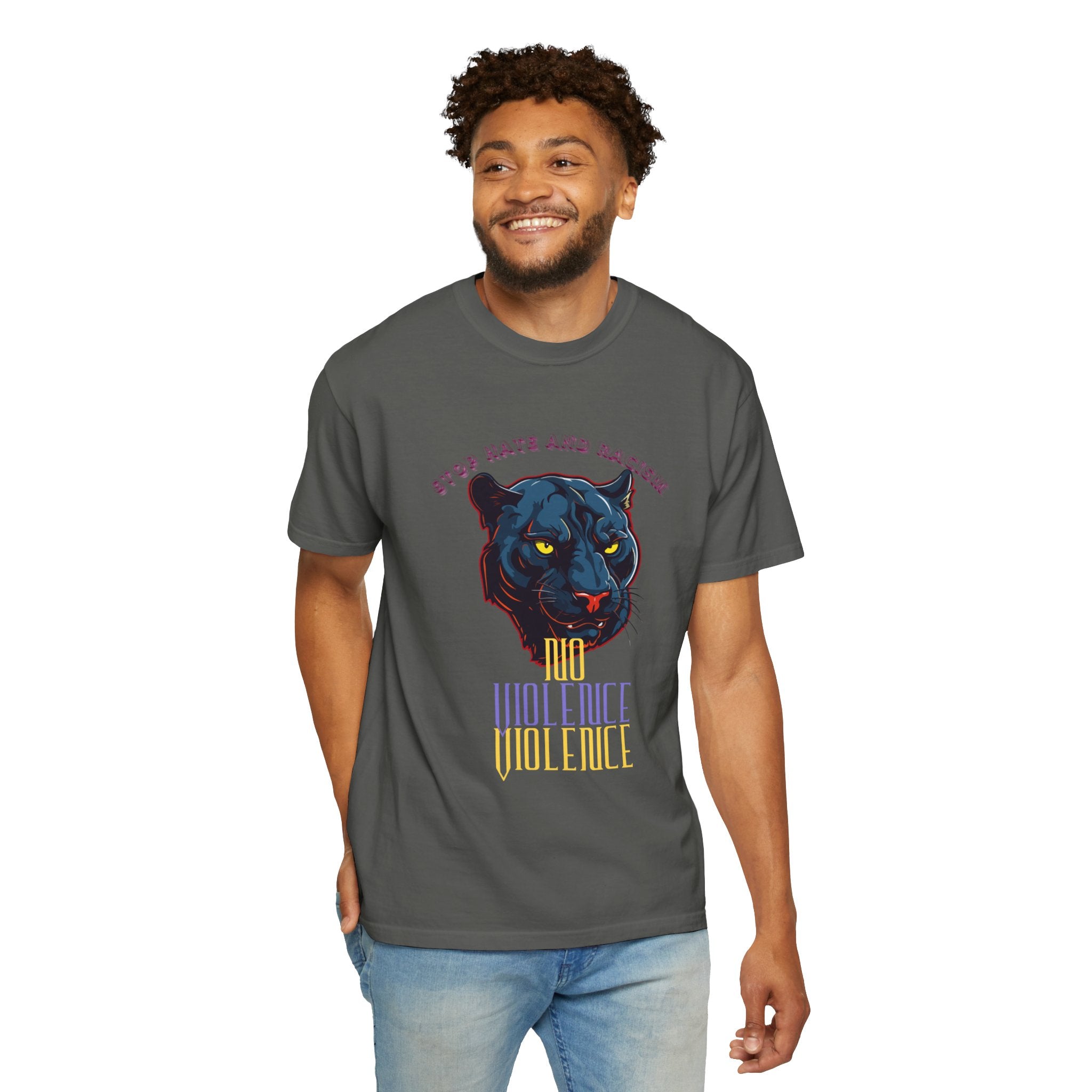 No Violence Panther T-Shirt — Graphic Animal Tee with 'No Violence' Text