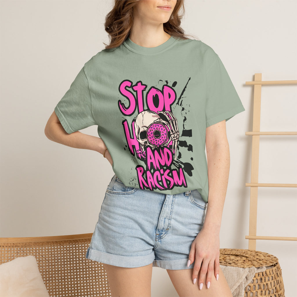 Stop H8 and Racism Graphic Tee — Anti-Racism Skull Donut Protest T-Shirt