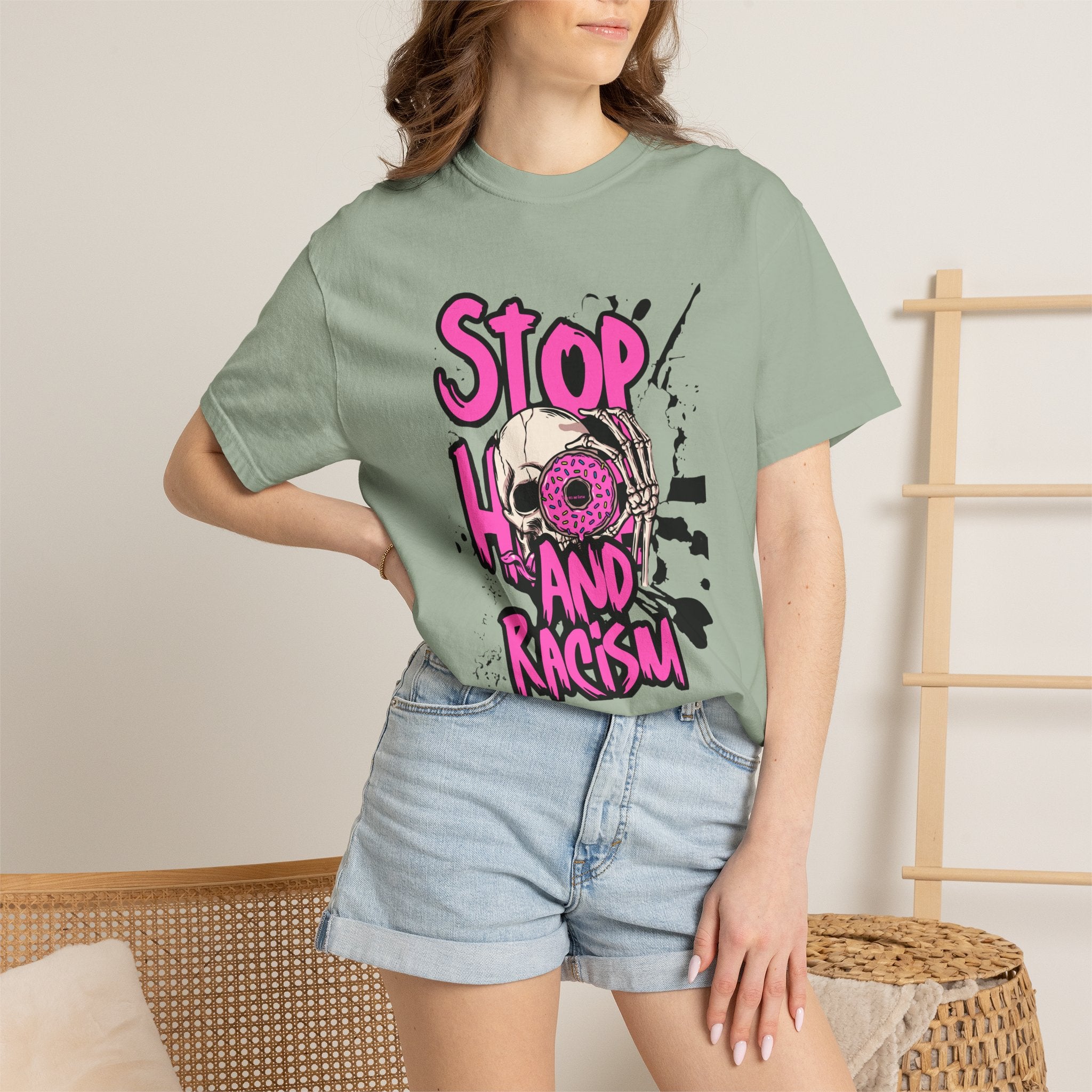 Stop H8 and Racism Graphic Tee — Anti-Racism Skull Donut Protest T-Shirt