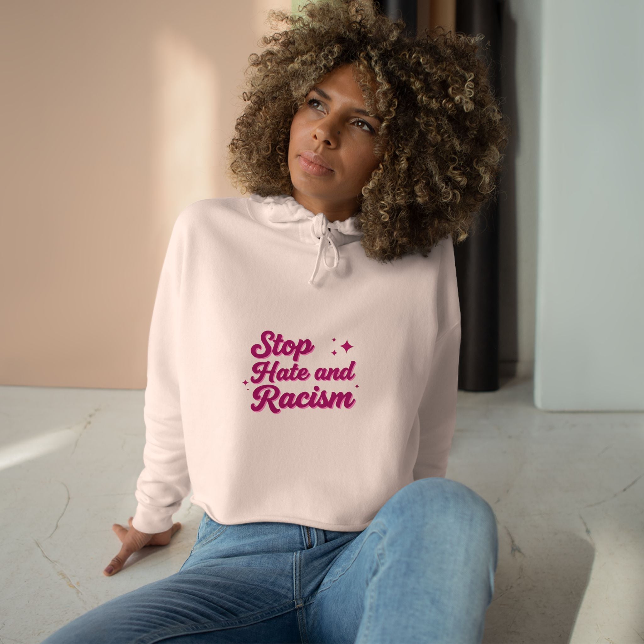 Stop Hate and Racism Crop Hoodie — Women’s Activist Graphic Hoodie