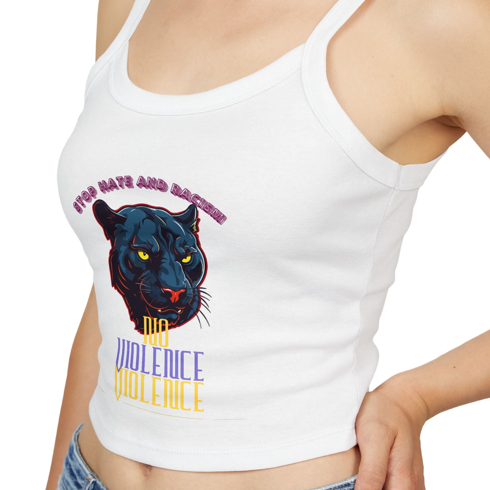 Panther Graphic Crop Tank — "No Violence, No Violence" Women's Spaghetti Strap Tank