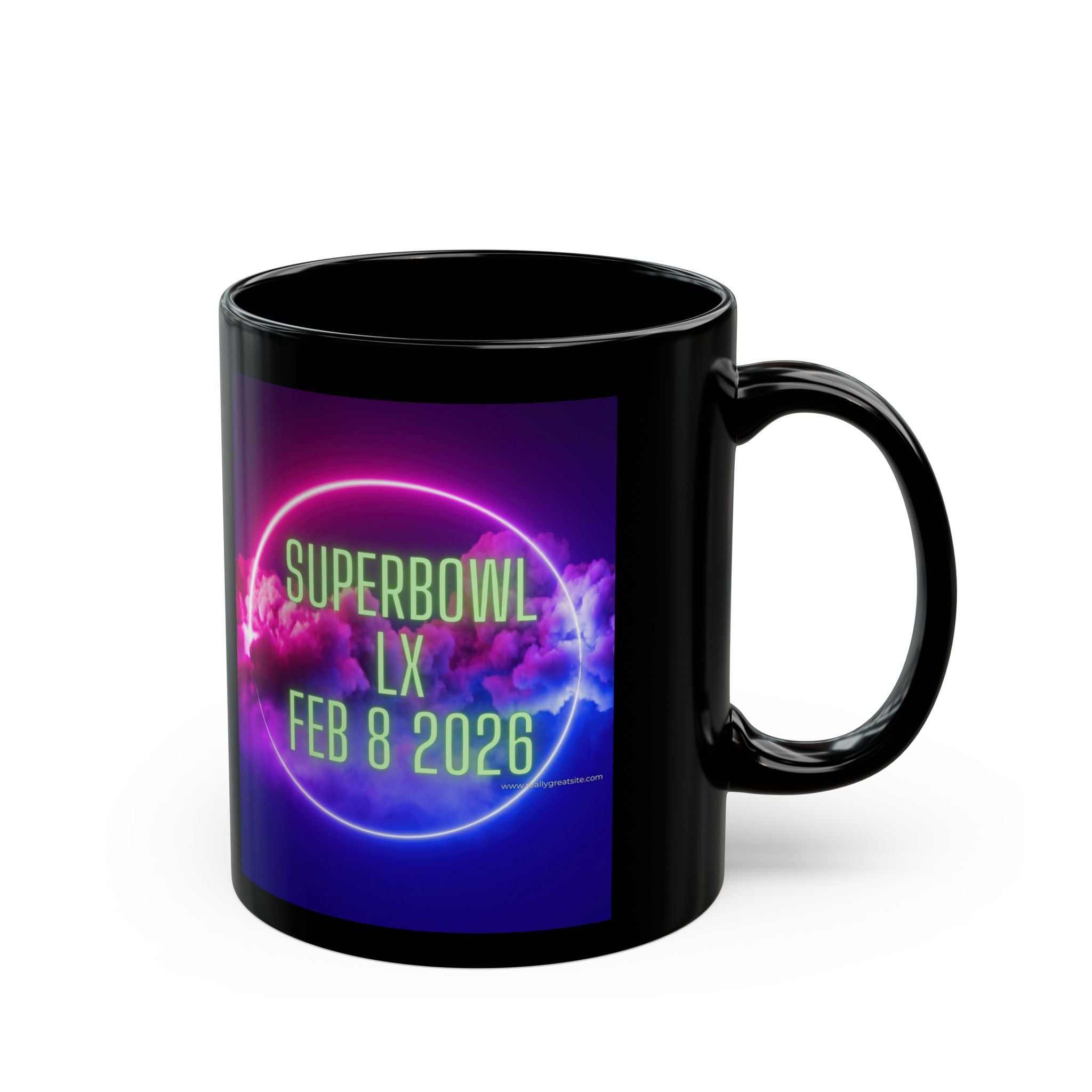 Super Bowl LX Feb 8 2026 Black Mug — Neon Retro Game Day Coffee Cup